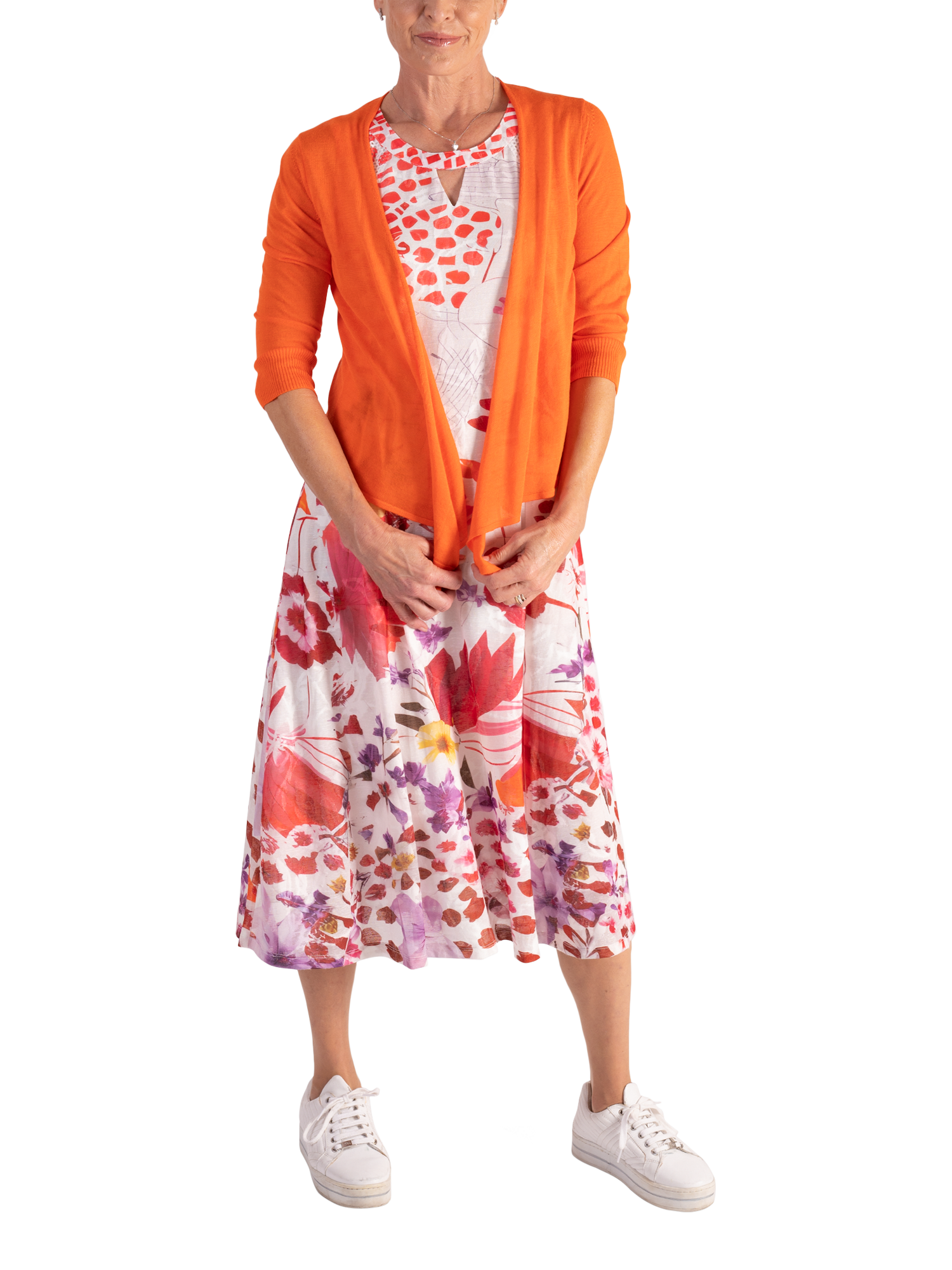 Product image 5 of 6, which shows chesca Tropical Floral Cut Out Neck Dress, White/Red, 10-12