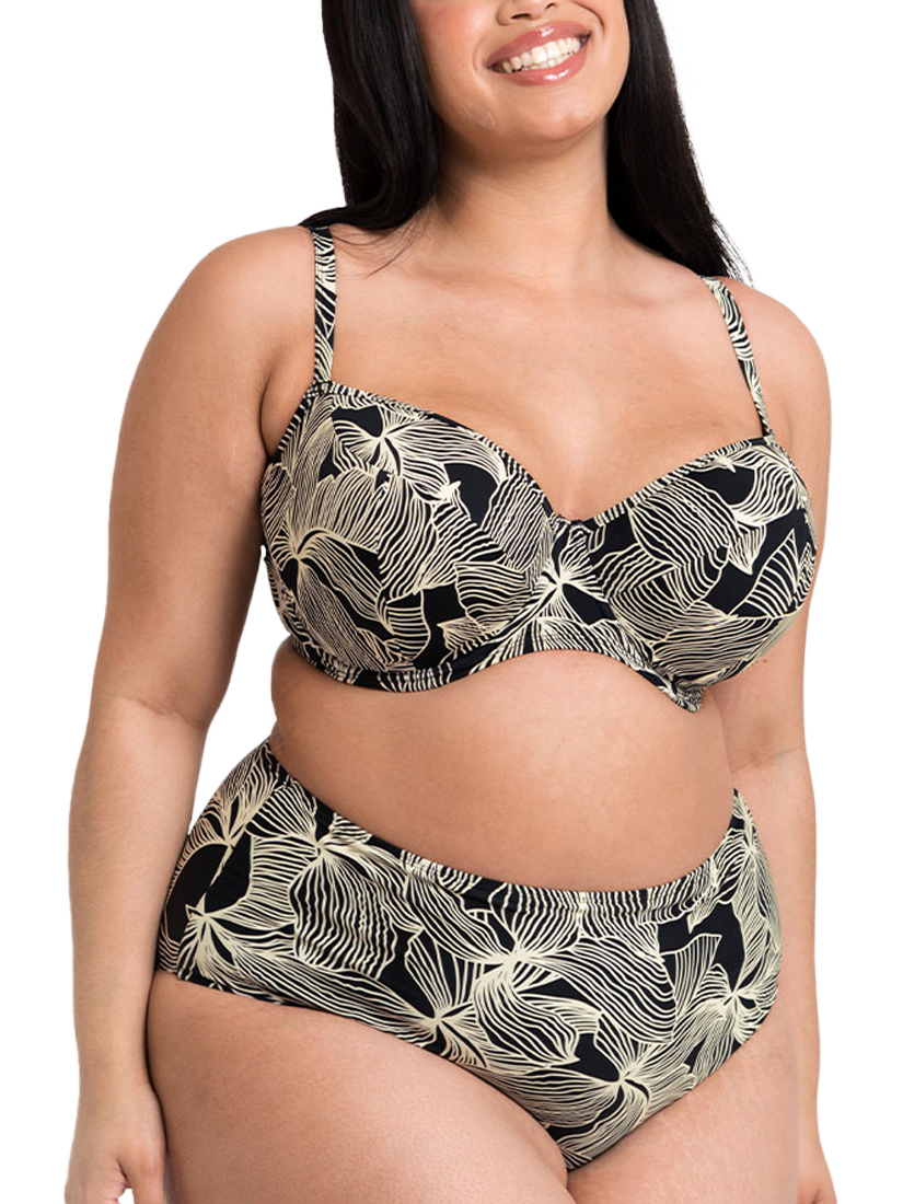 Product image 1 of 8, which shows Curvy Kate Ripple Reef Padded Underwired Balcony Bikini Top, Black, 30D