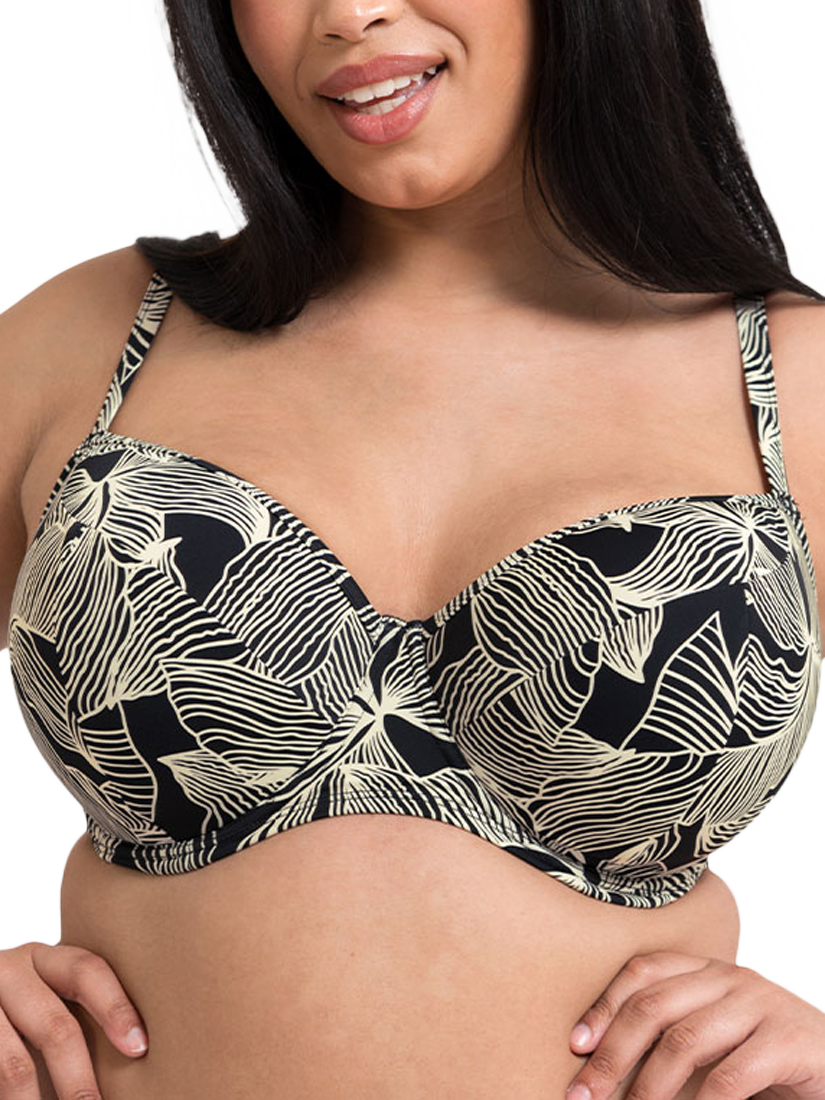 Product image 3 of 8, which shows Curvy Kate Ripple Reef Padded Underwired Balcony Bikini Top, Black, 30D