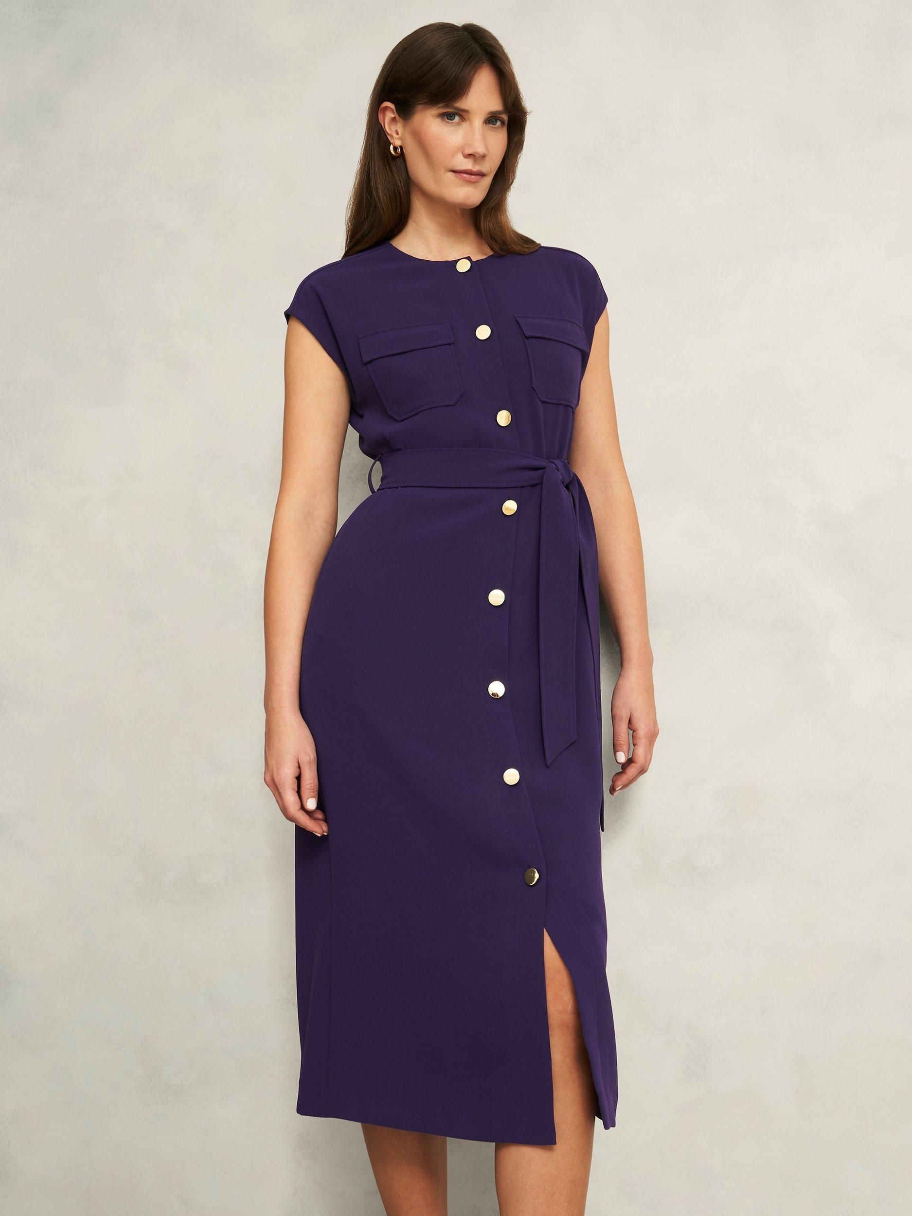 Product image 1 of 5, which shows Hobbs Tania Tie Waist Dress, Grape Purple, 10
