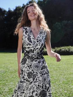 Hobbs Teagan Floral Pure Linen Dress, Ivory Navy, Ivory Navy