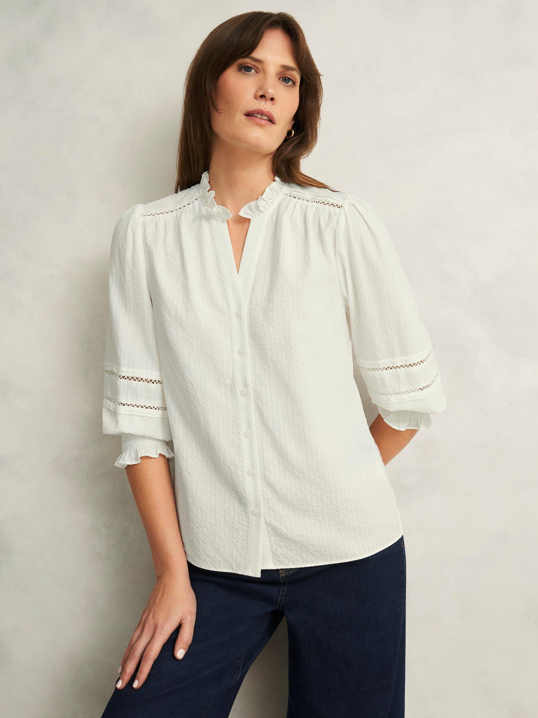Product image 1 of 6, which shows Hobbs Amira Frill Shirt, Ivory, 10