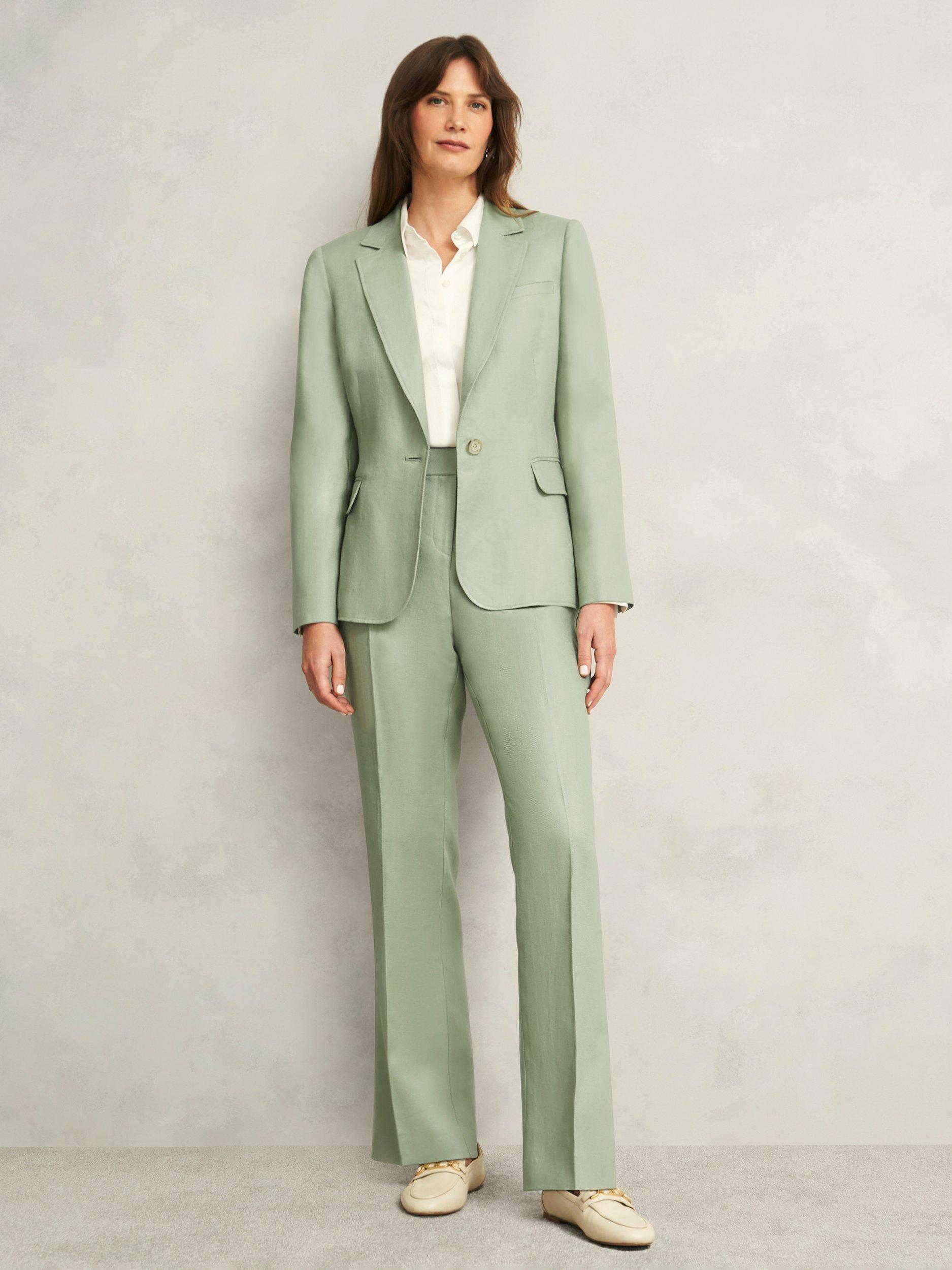 Product image 1 of 7, which shows Hobbs Marietta Pure Linen Twill Trousers, Sage Green, 10