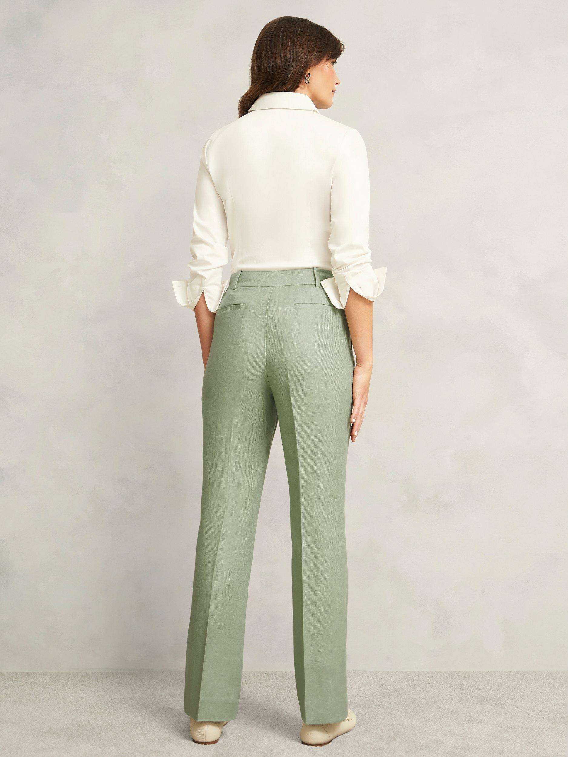 Product image 2 of 7, which shows Hobbs Marietta Pure Linen Twill Trousers, Sage Green, 10