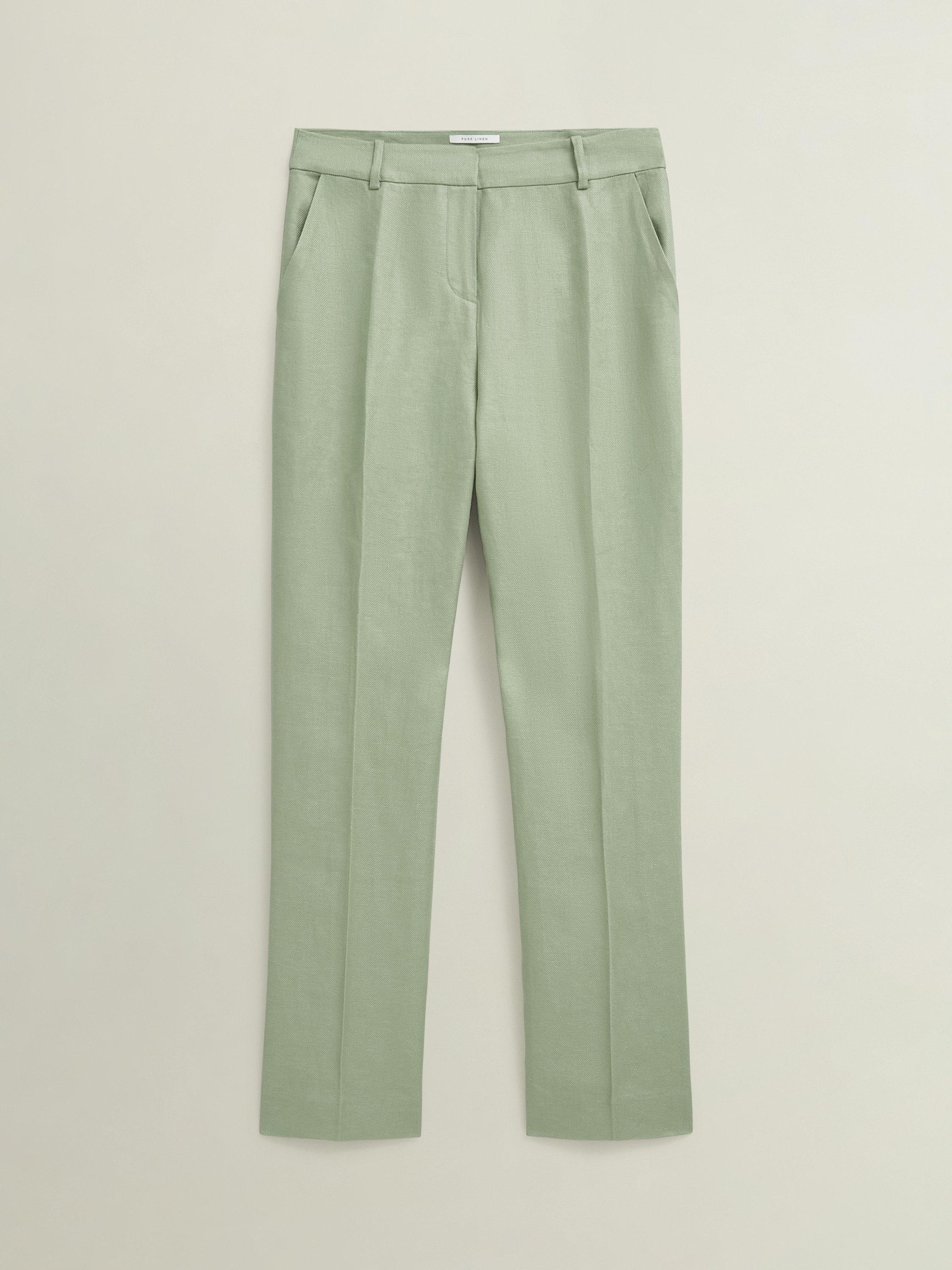 Product image 4 of 7, which shows Hobbs Marietta Pure Linen Twill Trousers, Sage Green, 10