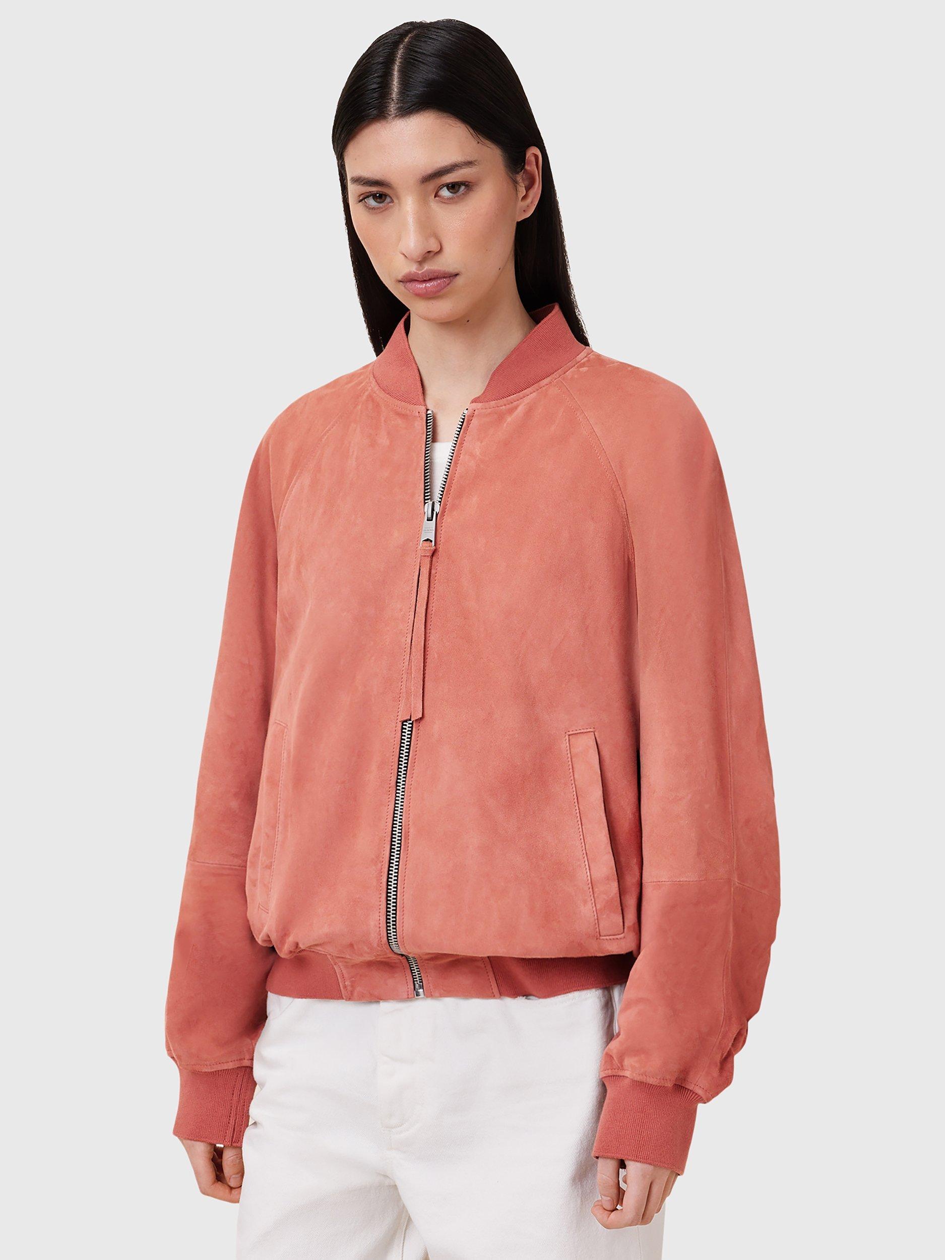 Product image 1 of 8, which shows AllSaints Dana Pure Suede Bomber Jacket, Mid Red, XS