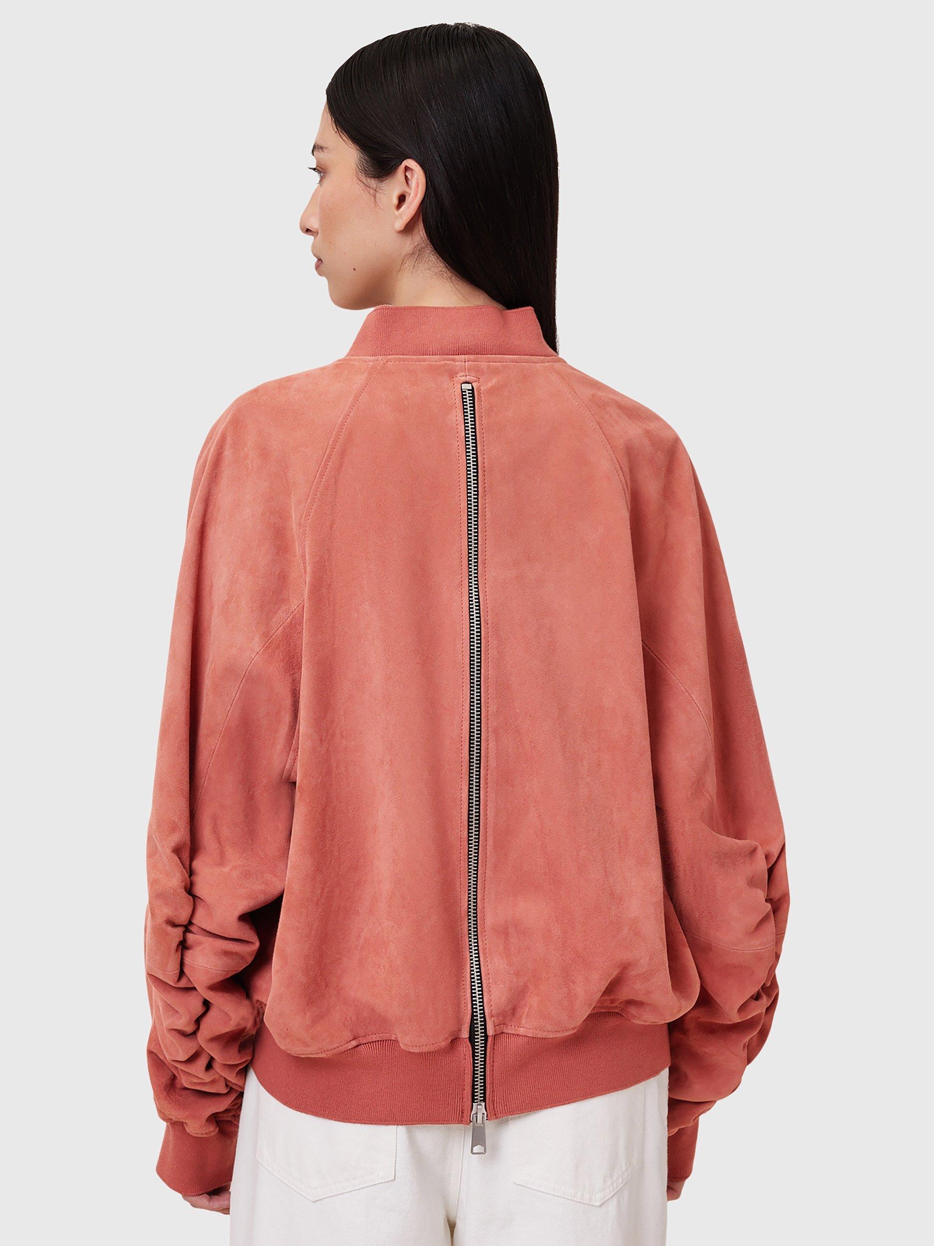 Product image 2 of 8, which shows AllSaints Dana Pure Suede Bomber Jacket, Mid Red, XS