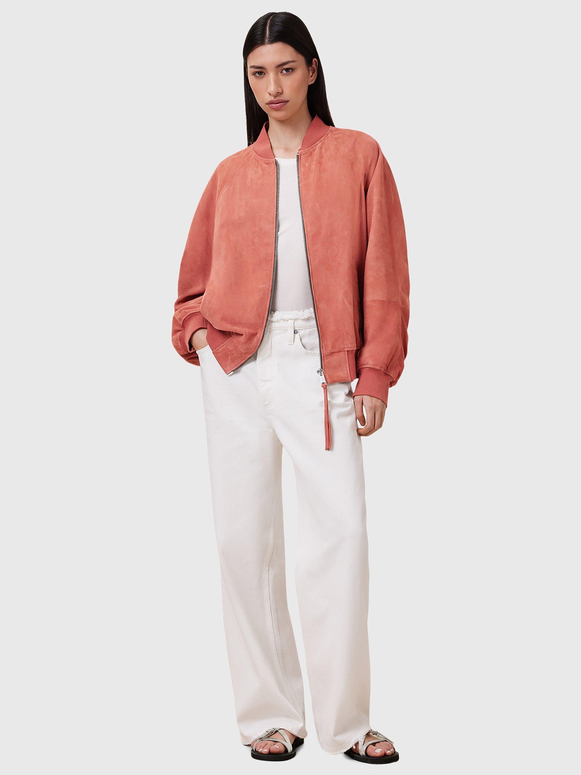 Product image 3 of 8, which shows AllSaints Dana Pure Suede Bomber Jacket, Mid Red, XS