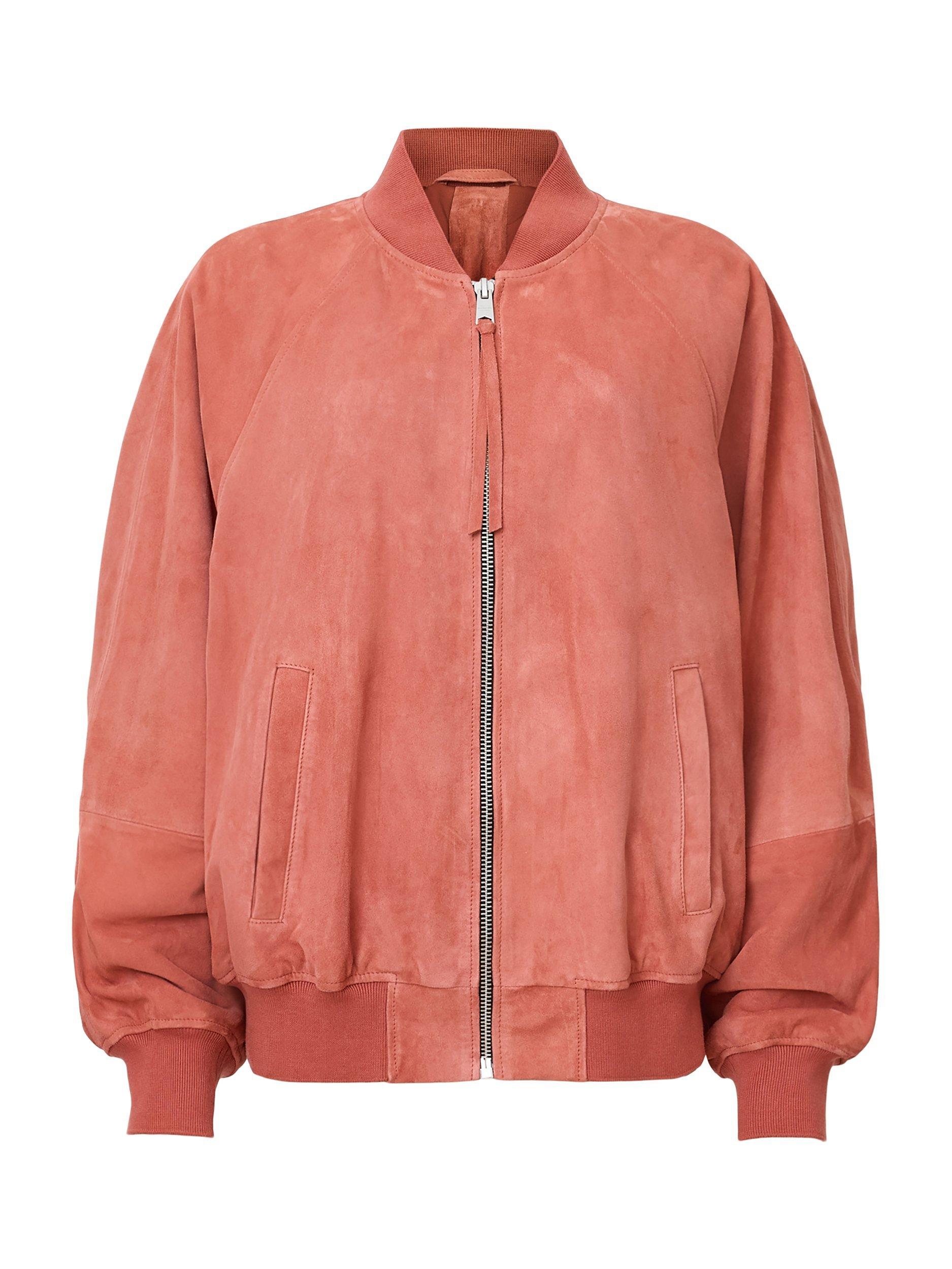 Product image 4 of 8, which shows AllSaints Dana Pure Suede Bomber Jacket, Mid Red, XS