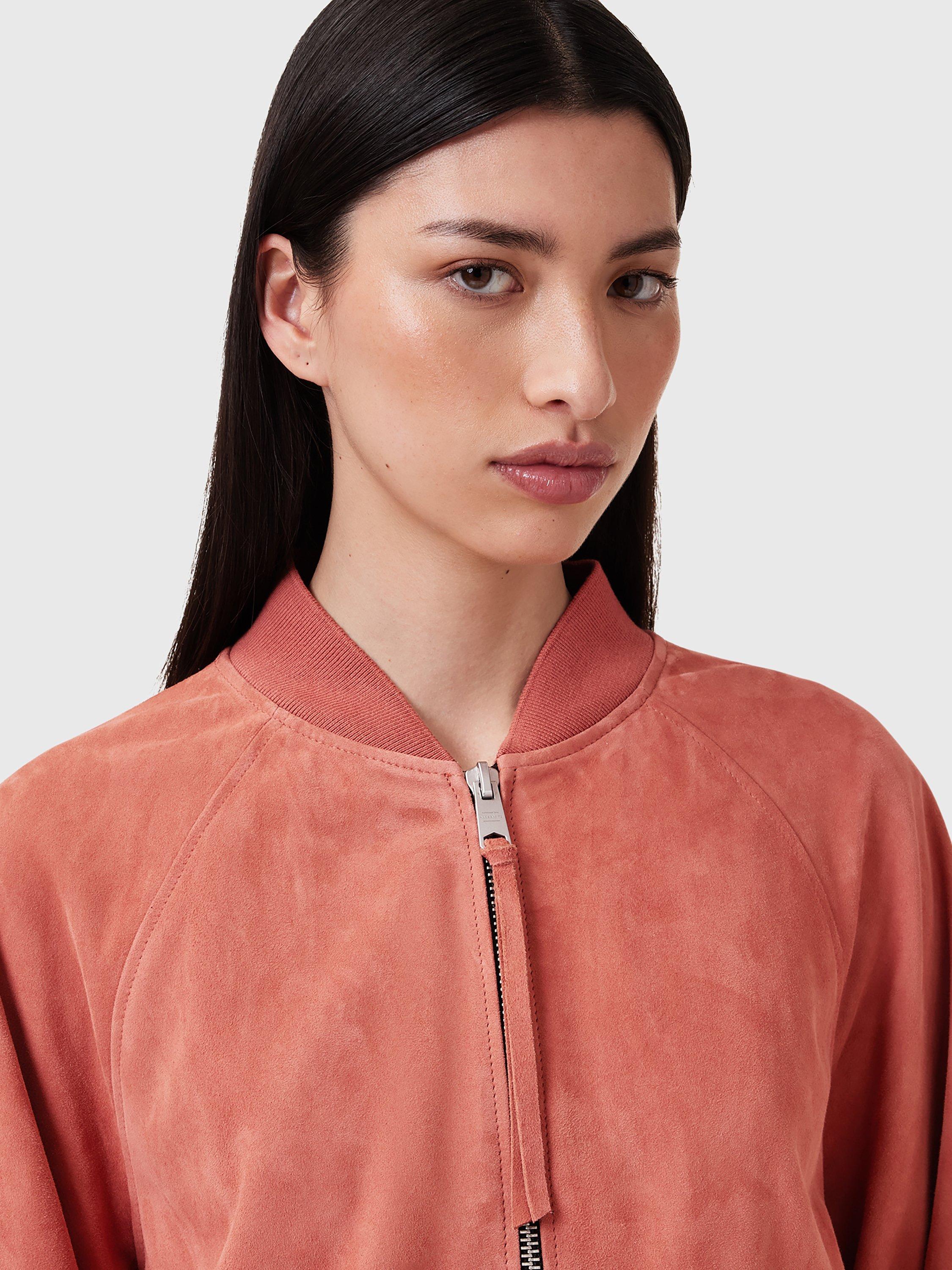 Product image 5 of 8, which shows AllSaints Dana Pure Suede Bomber Jacket, Mid Red, XS