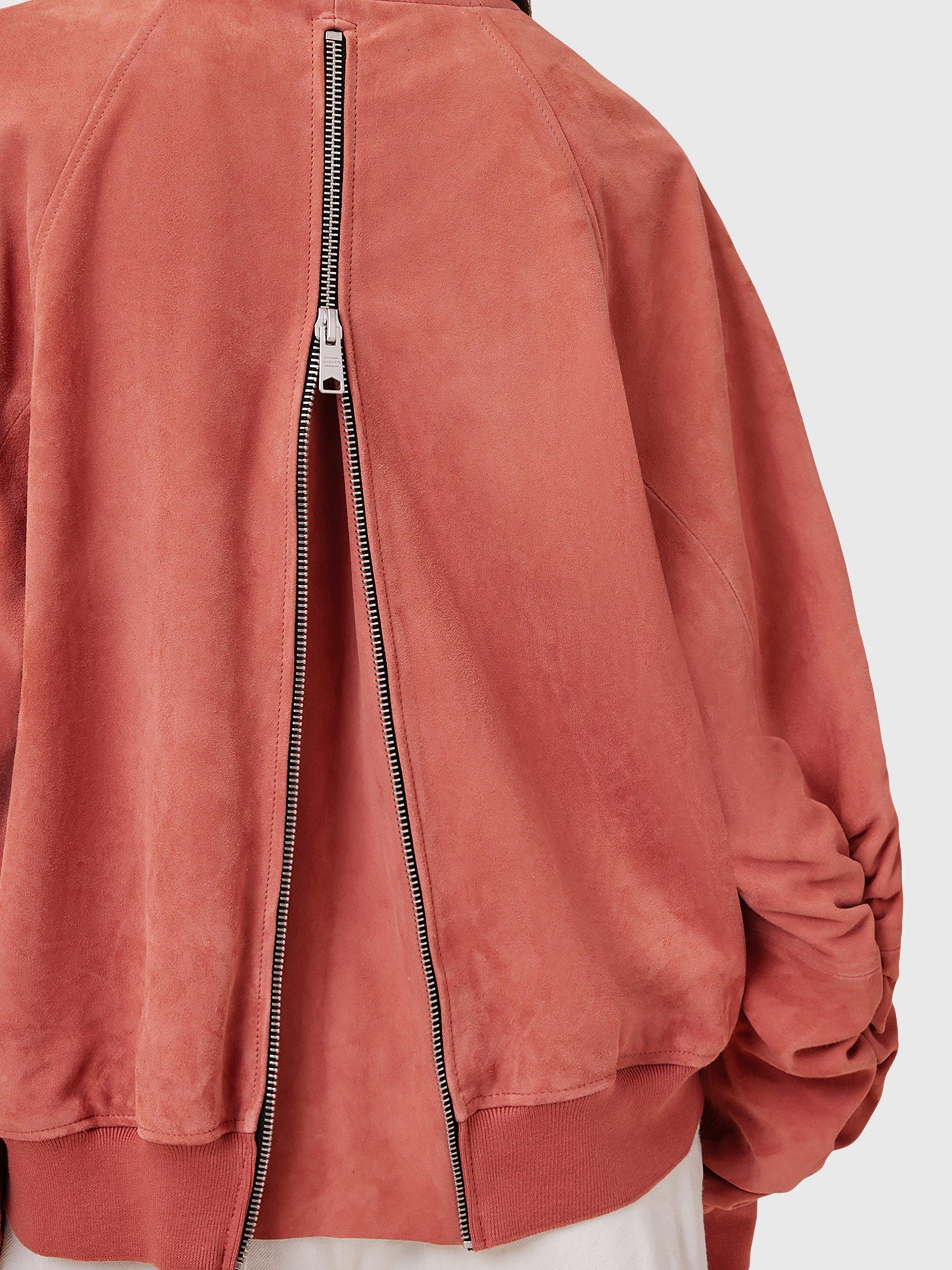 Product image 6 of 8, which shows AllSaints Dana Pure Suede Bomber Jacket, Mid Red, XS