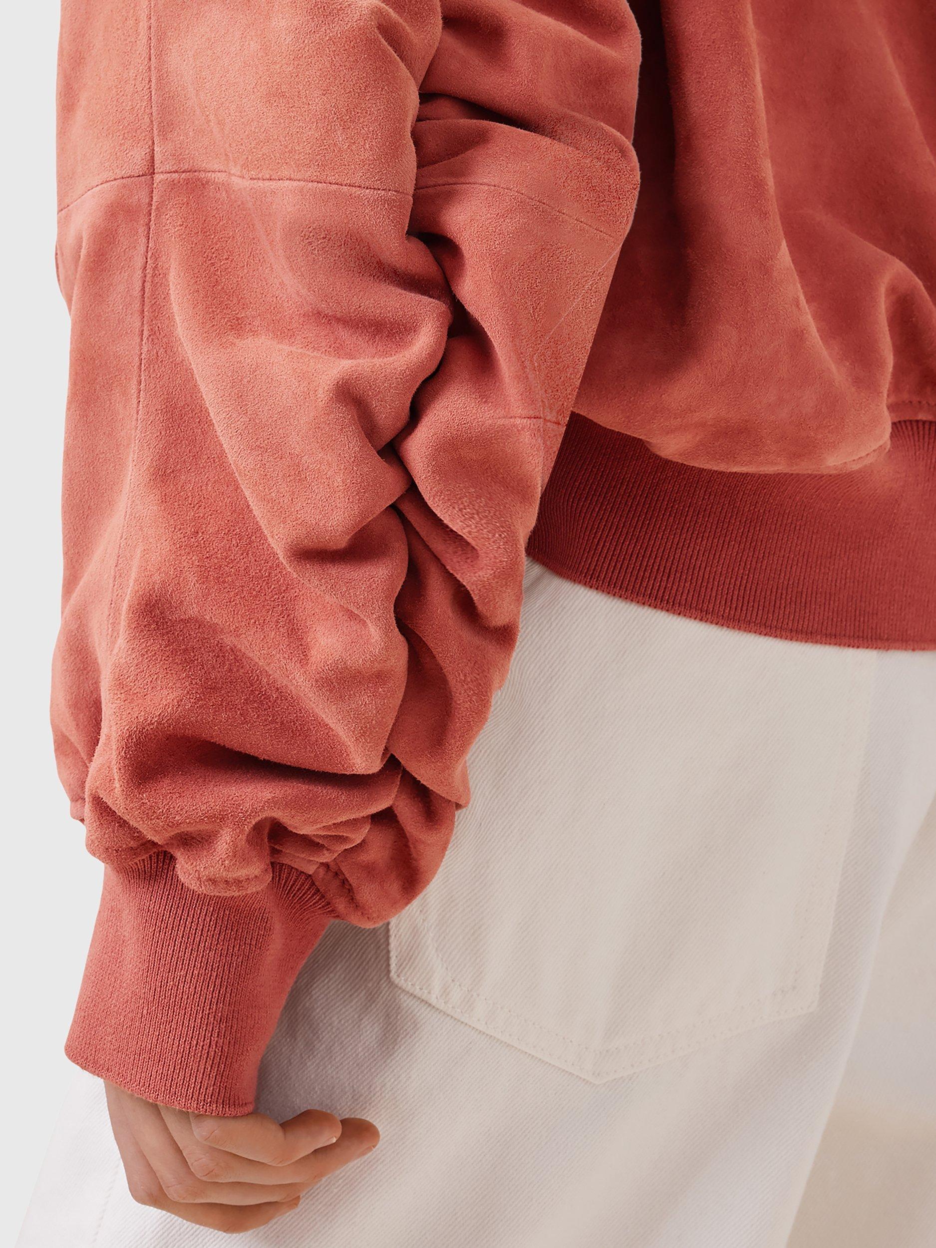 Product image 8 of 8, which shows AllSaints Dana Pure Suede Bomber Jacket, Mid Red, XS