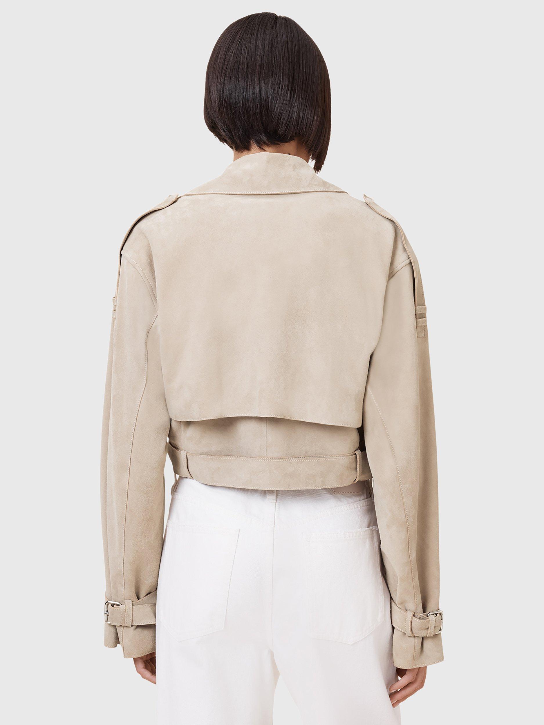 Product image 2 of 11, which shows AllSaints Ophelia Suede Cropped Belted Jacket, Silver Birch Grey, L
