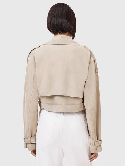 AllSaints Ophelia Suede Cropped Belted Jacket, Silver Birch Grey - view 2, Silver Birch Grey