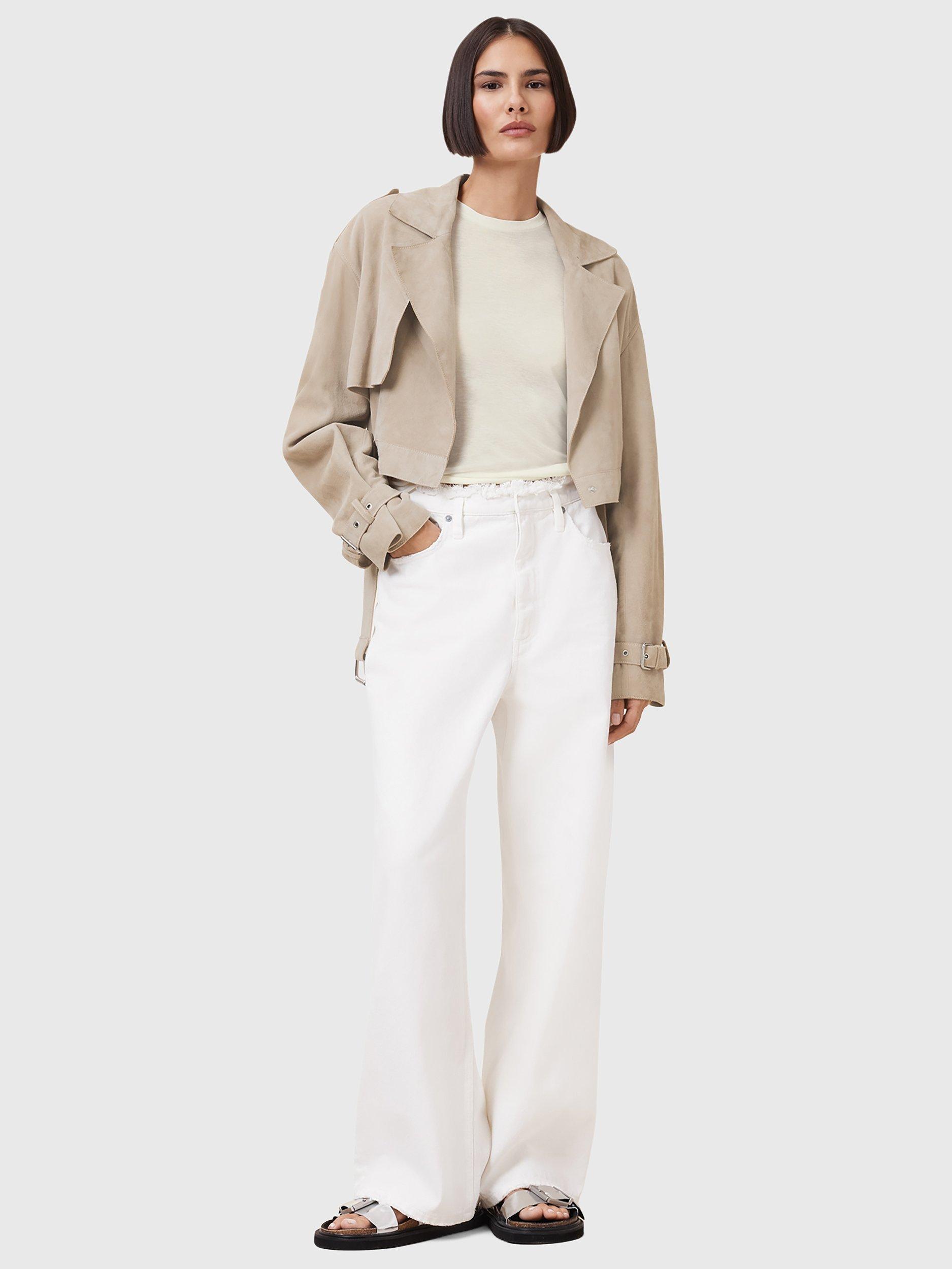 Product image 3 of 11, which shows AllSaints Ophelia Suede Cropped Belted Jacket, Silver Birch Grey, L