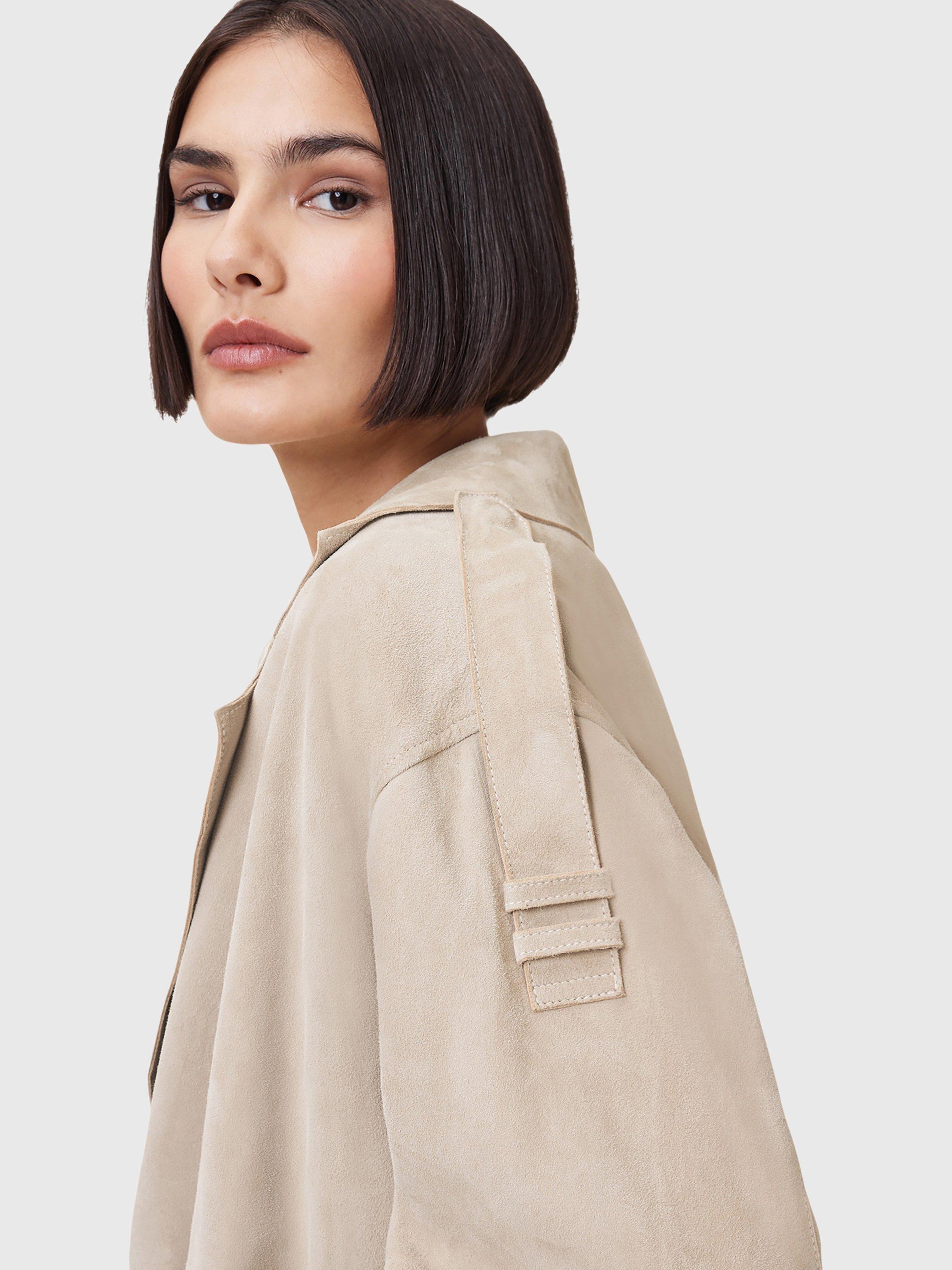 Product image 5 of 11, which shows AllSaints Ophelia Suede Cropped Belted Jacket, Silver Birch Grey, L