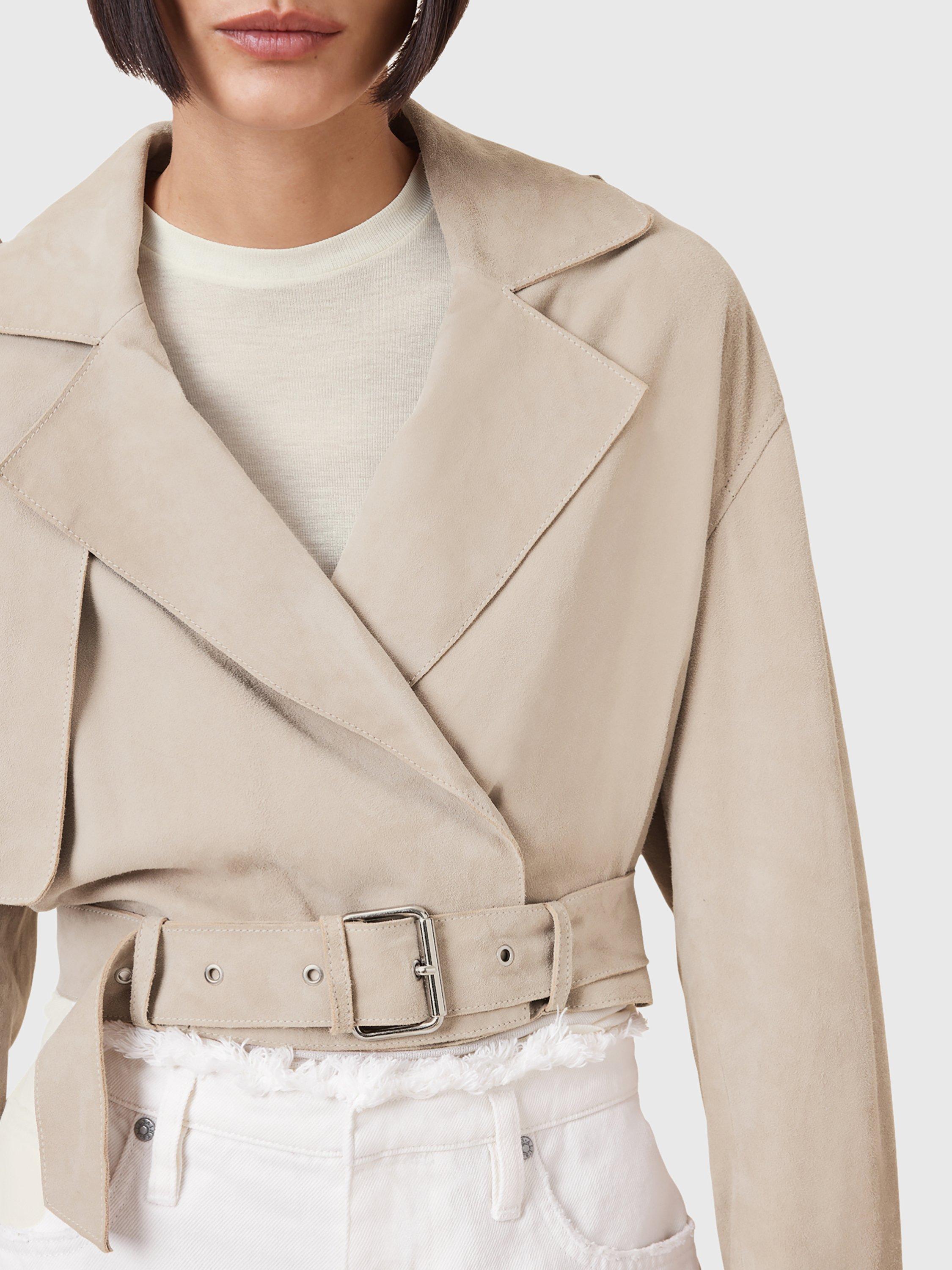 Product image 6 of 11, which shows AllSaints Ophelia Suede Cropped Belted Jacket, Silver Birch Grey, L