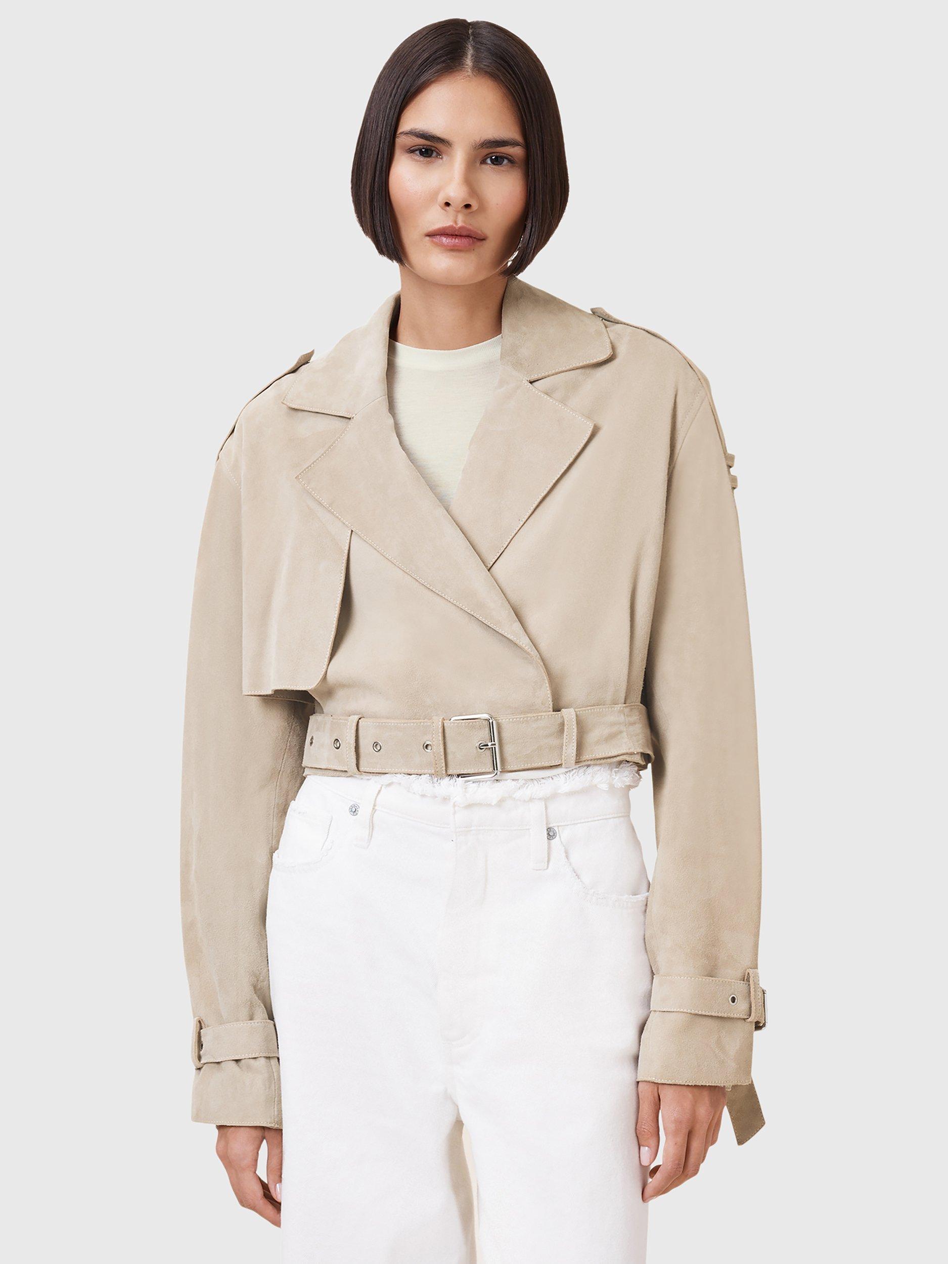 Product image 8 of 11, which shows AllSaints Ophelia Suede Cropped Belted Jacket, Silver Birch Grey, L