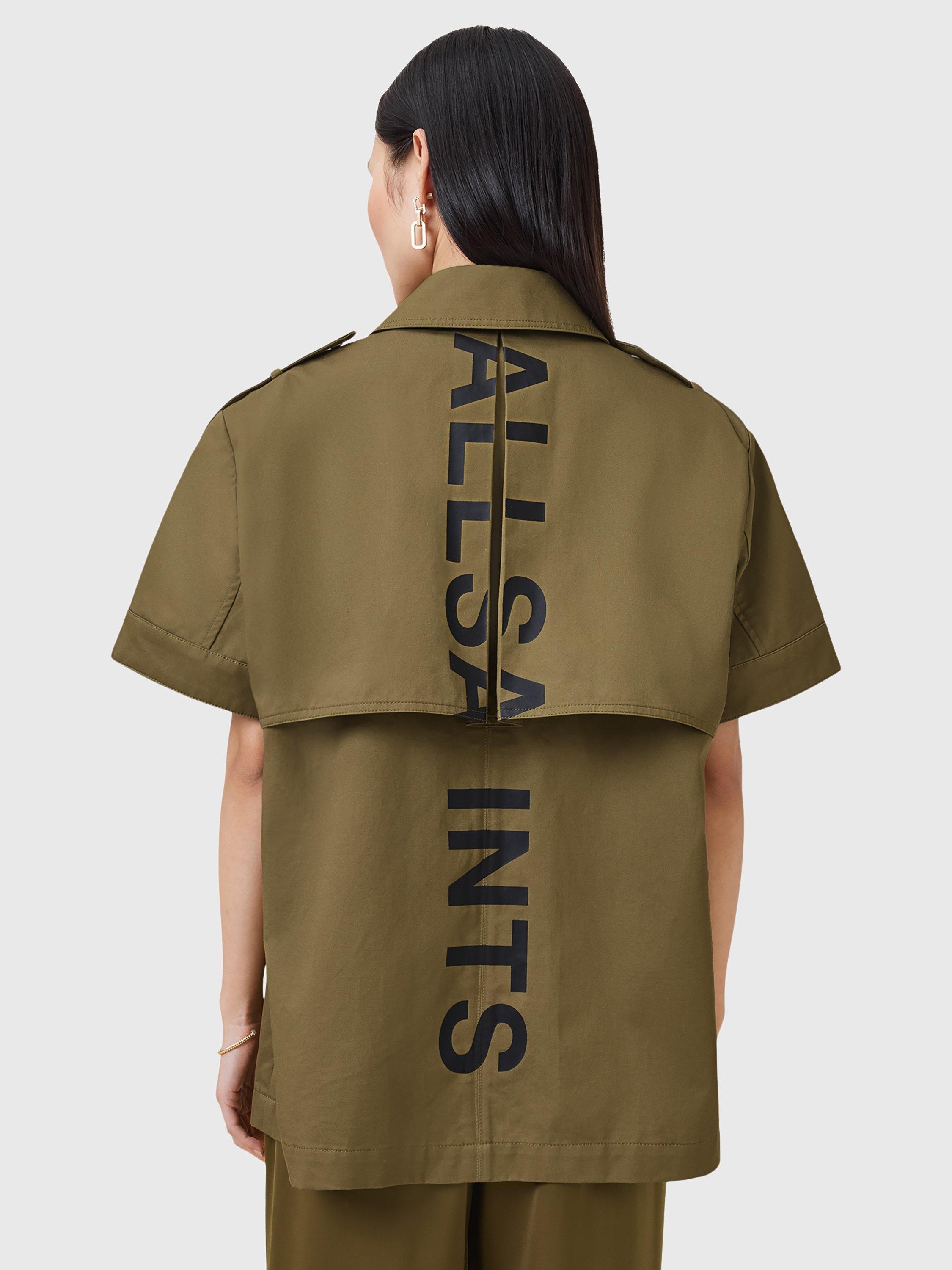 Product image 2 of 9, which shows AllSaints Flow Double Breasted Short Sleeve Trench Coat, Khaki Green, M