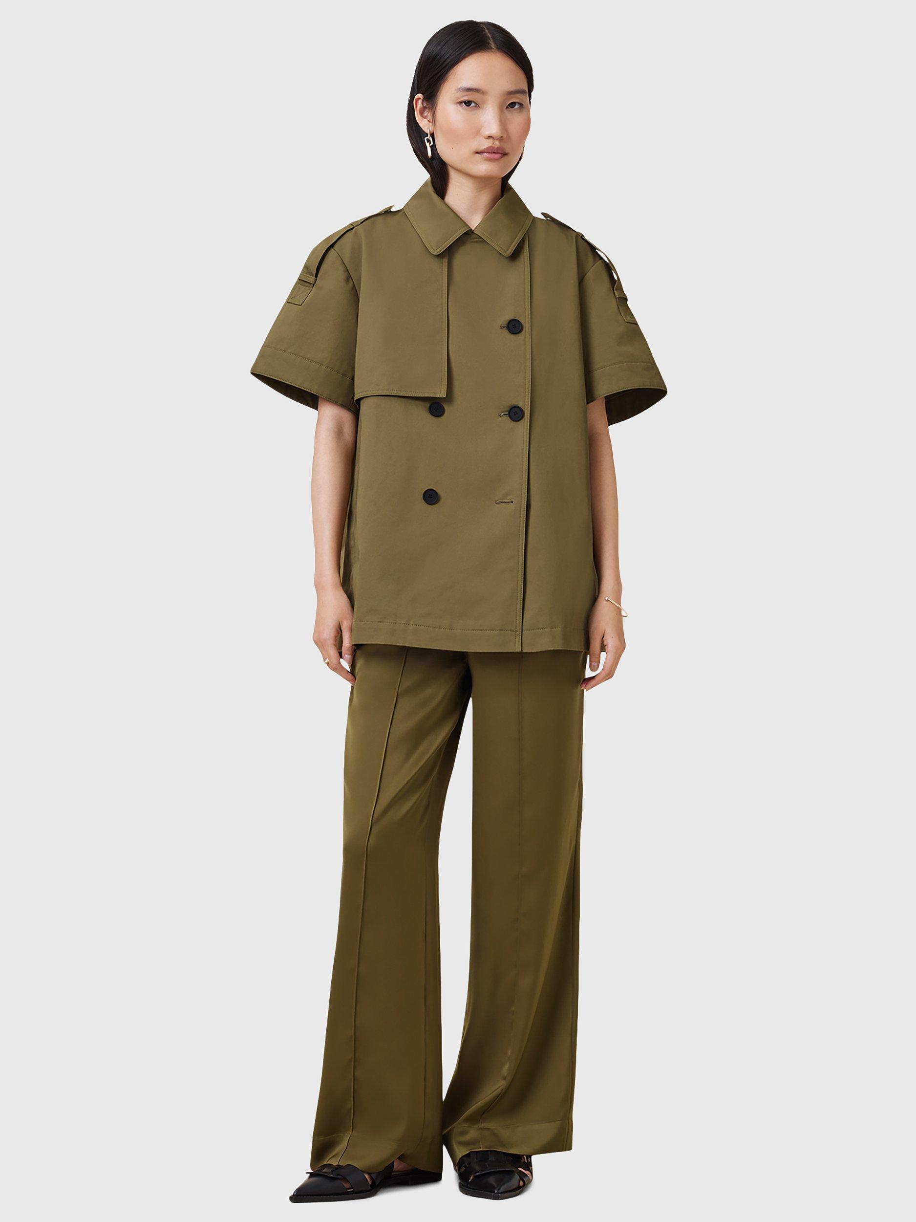 Product image 3 of 9, which shows AllSaints Flow Double Breasted Short Sleeve Trench Coat, Khaki Green, M