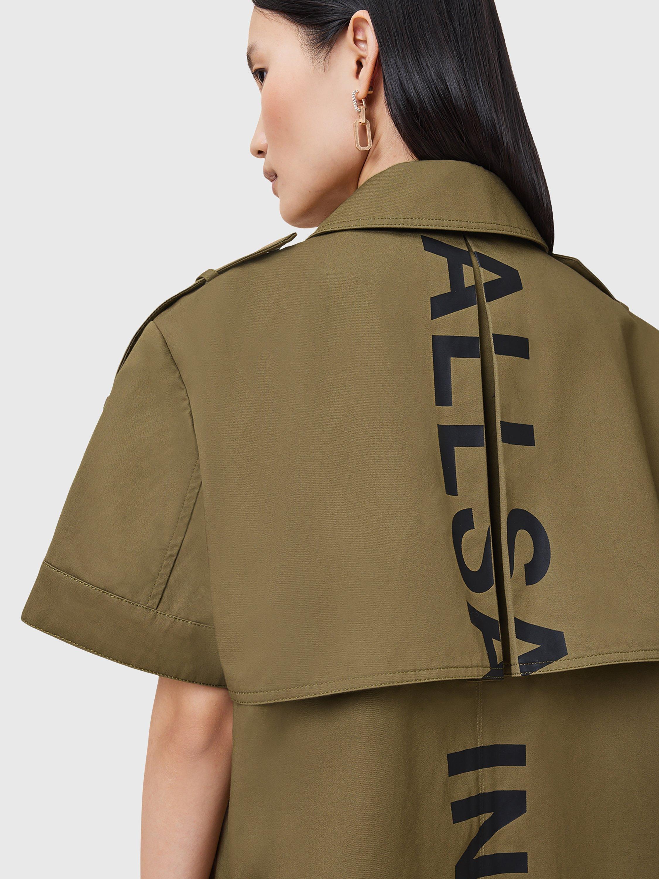 Product image 5 of 9, which shows AllSaints Flow Double Breasted Short Sleeve Trench Coat, Khaki Green, M