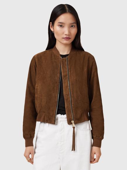 AllSaints Orten Suede Bomber Jacket, Cognac