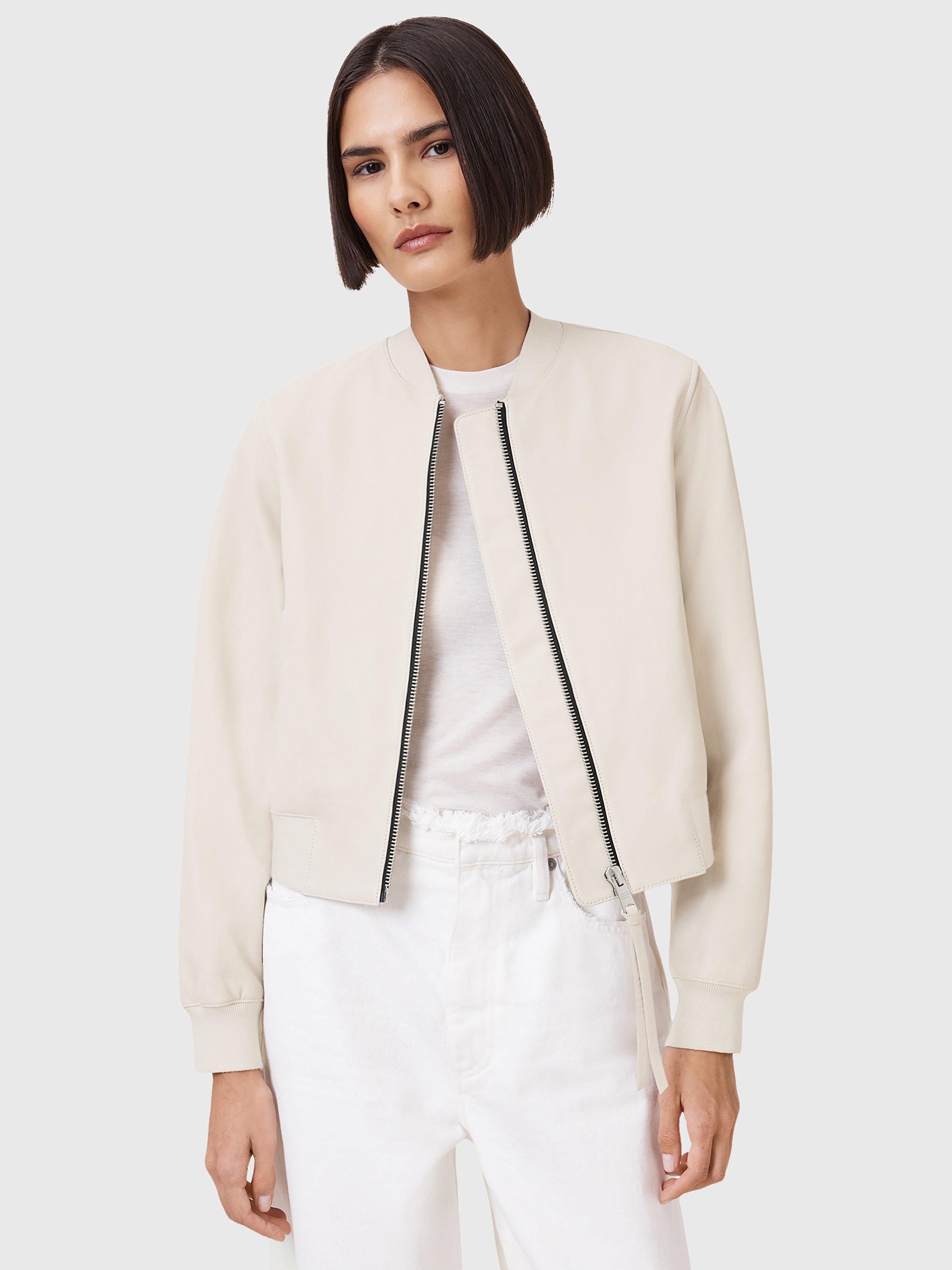 Product image 1 of 7, which shows AllSaints Orten Leather Bomber Jacket, Onyx White, 6