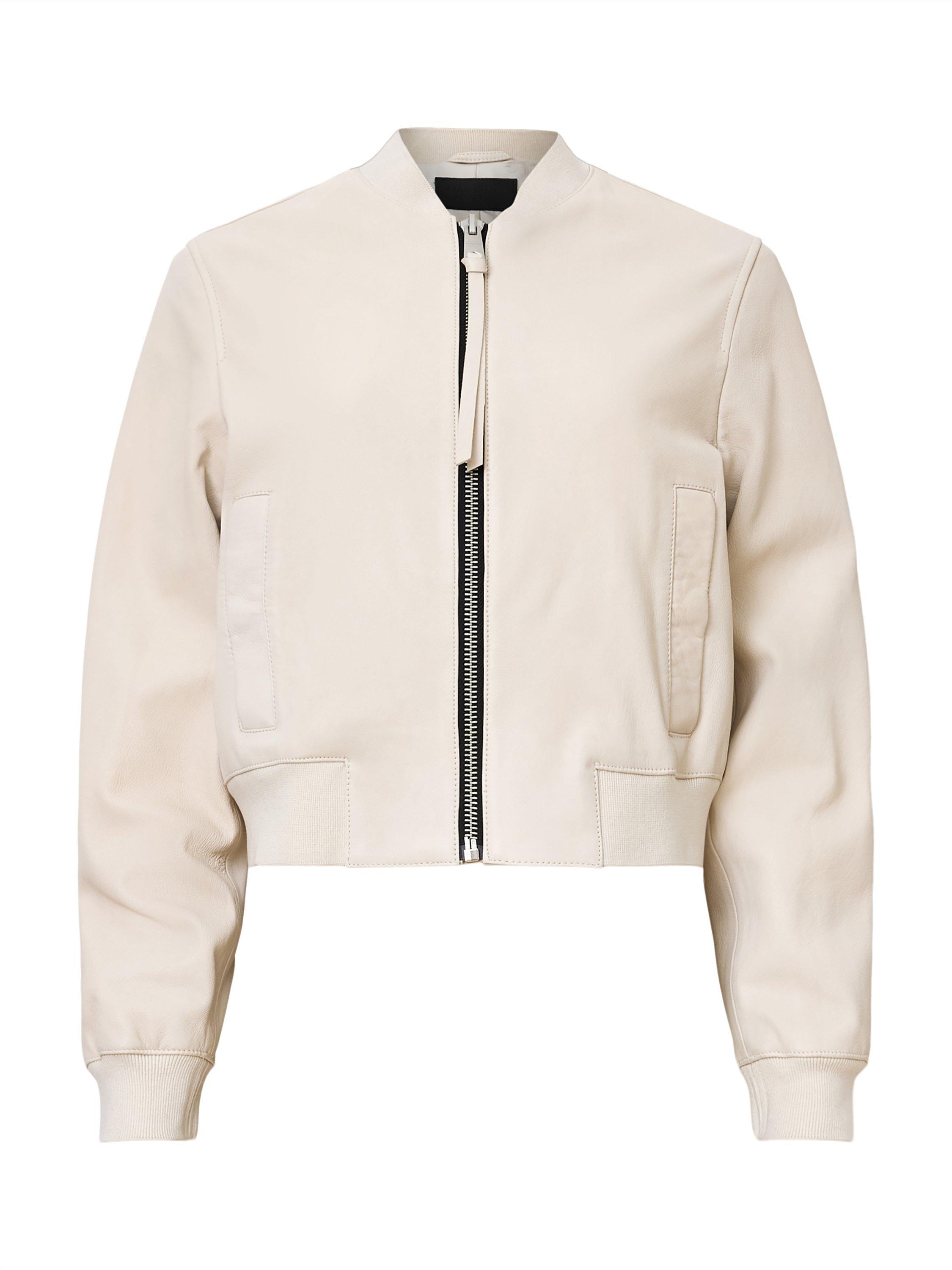 Product image 4 of 7, which shows AllSaints Orten Leather Bomber Jacket, Onyx White, 6