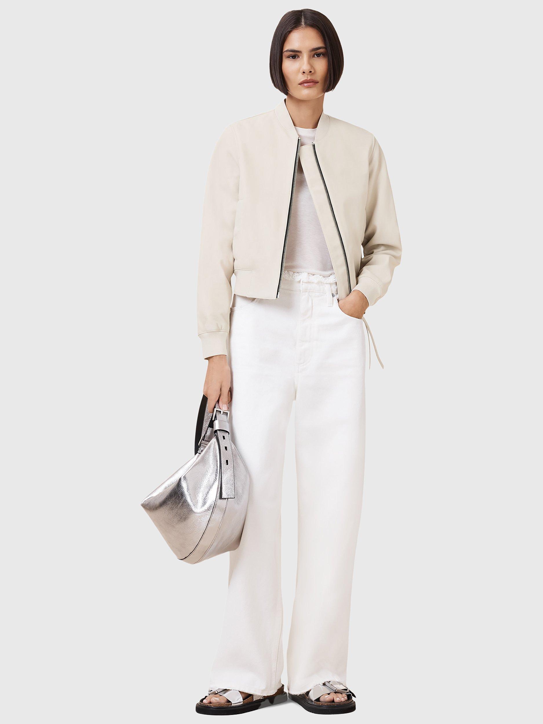 Product image 7 of 7, which shows AllSaints Orten Leather Bomber Jacket, Onyx White, 6