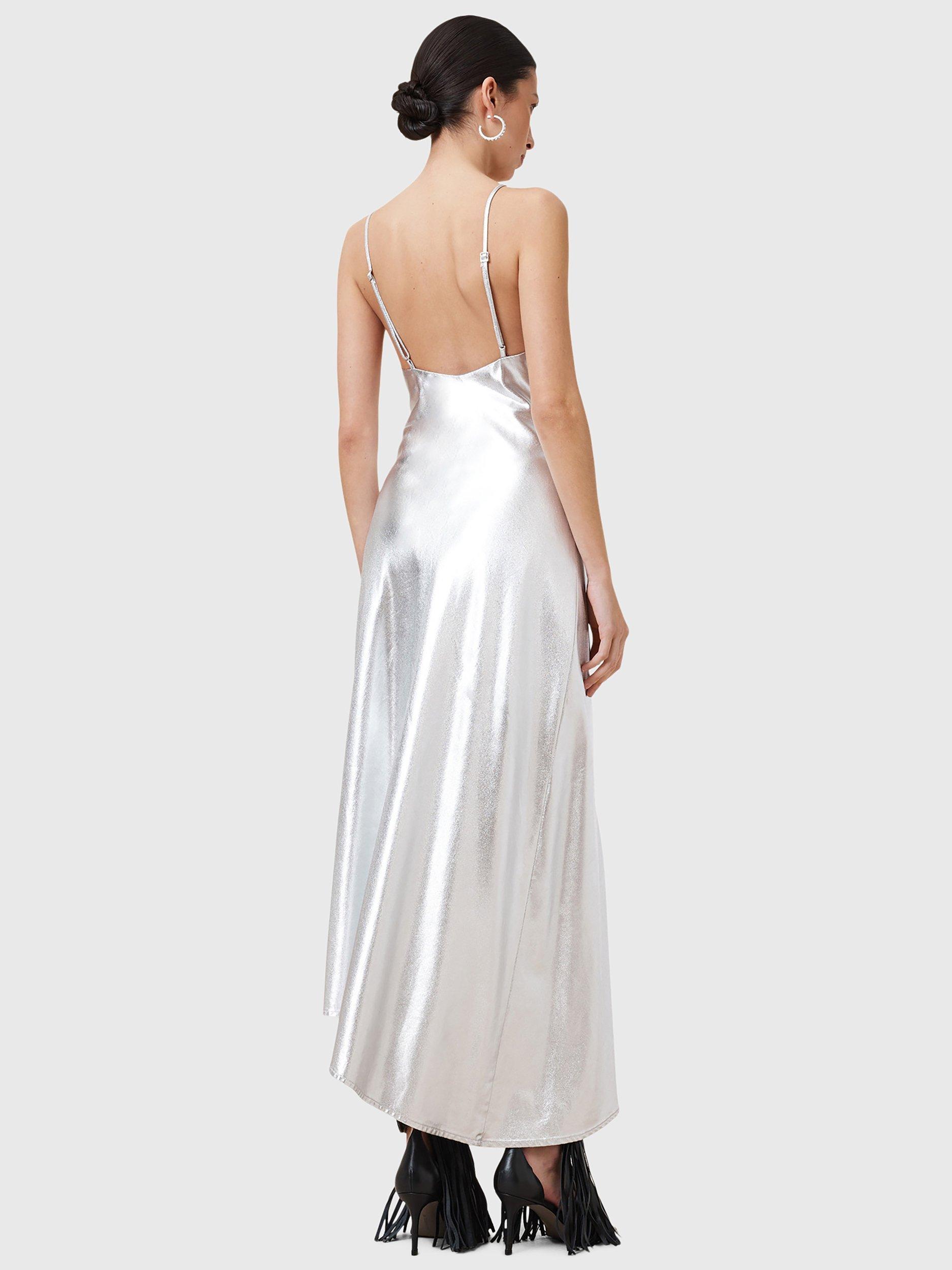 Product image 2 of 6, which shows AllSaints Alexia Metallic Maxi Dress, Silver, 10