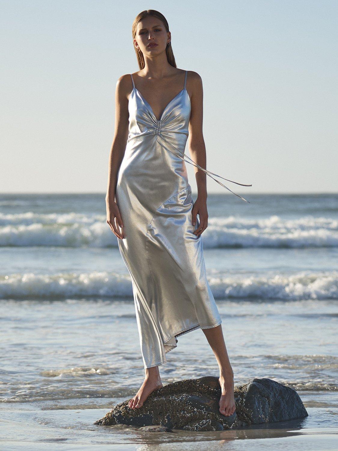Product image 3 of 6, which shows AllSaints Alexia Metallic Maxi Dress, Silver, 10