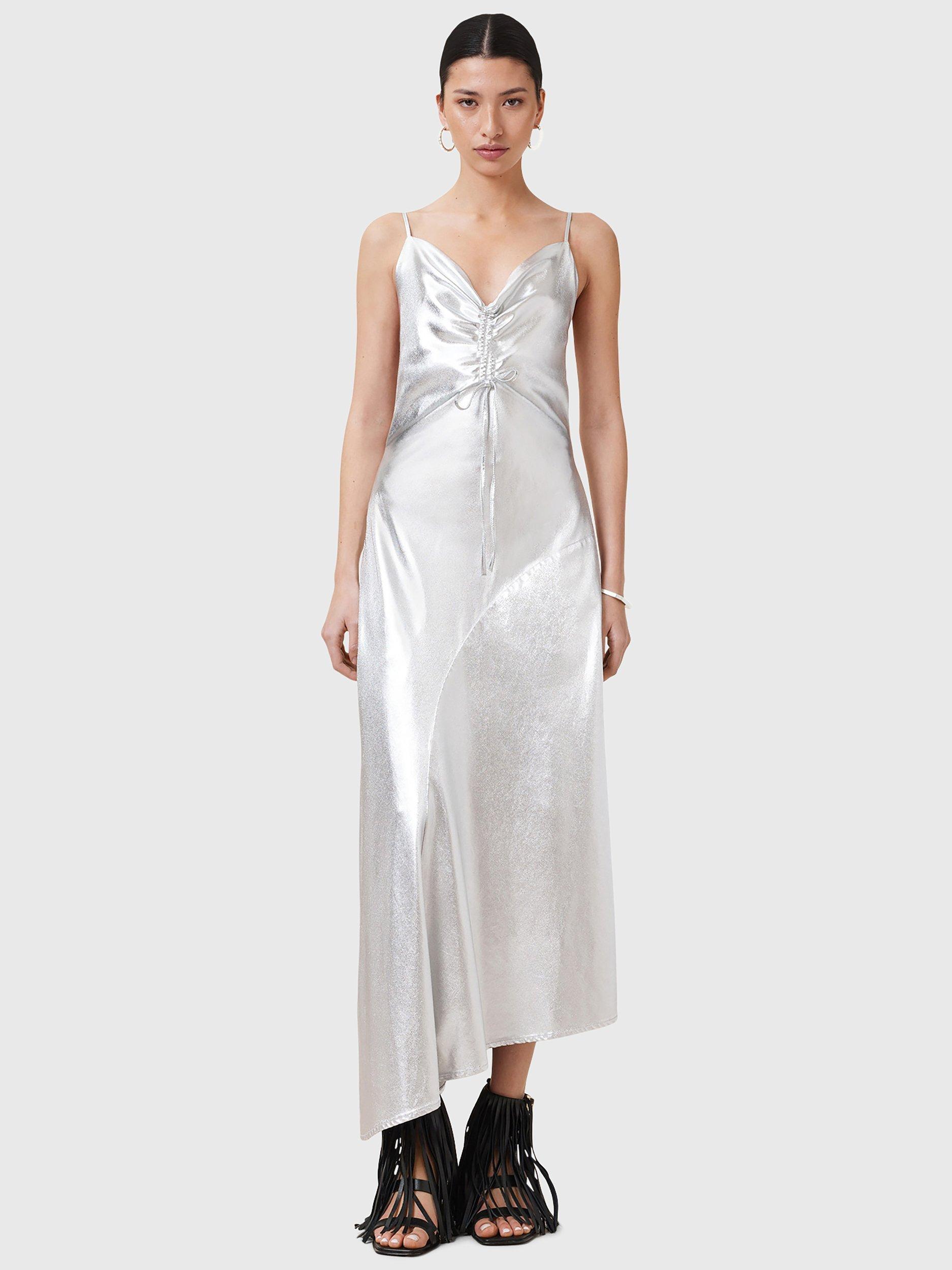 Product image 4 of 6, which shows AllSaints Alexia Metallic Maxi Dress, Silver, 10