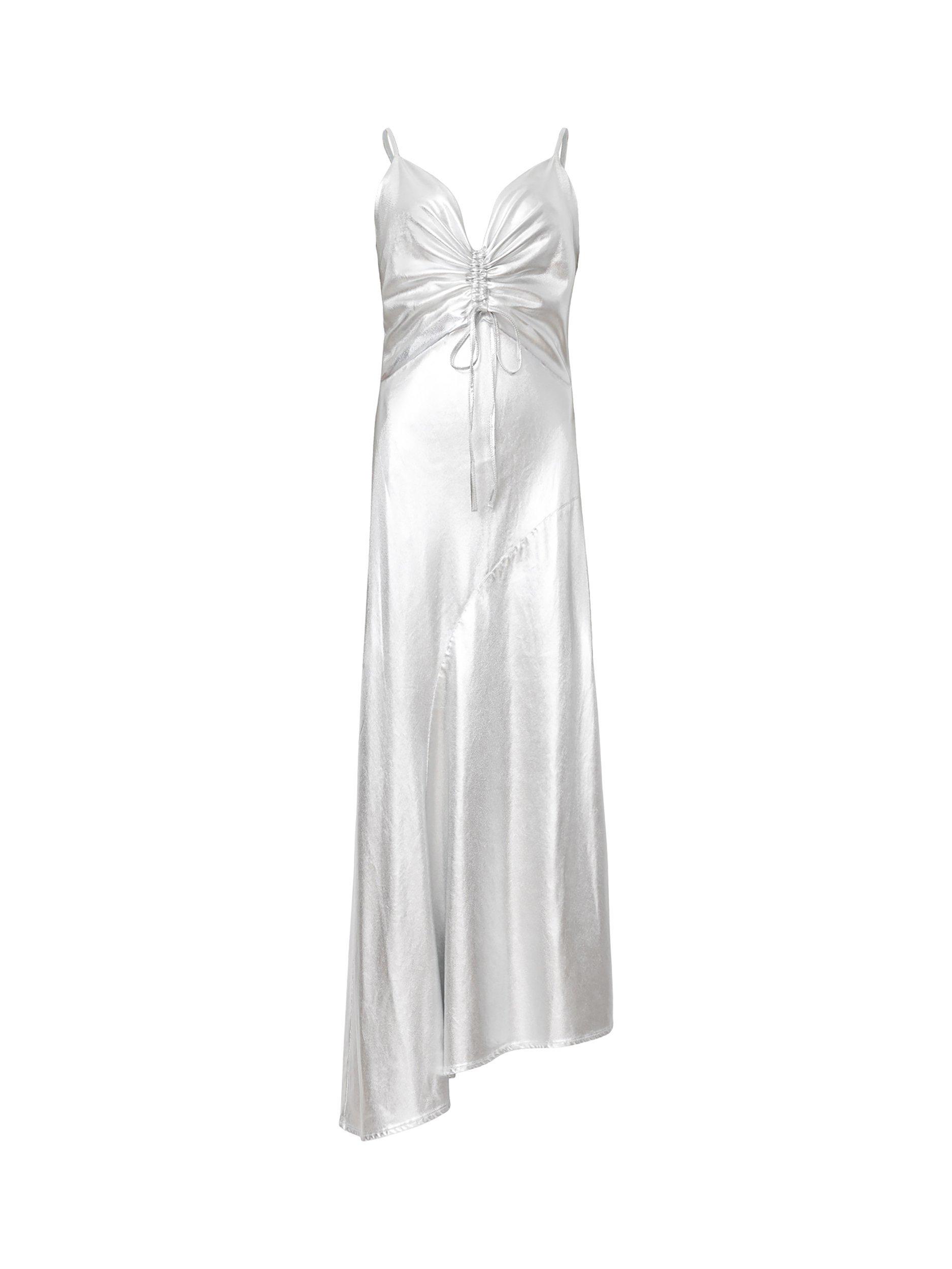 Product image 5 of 6, which shows AllSaints Alexia Metallic Maxi Dress, Silver, 10