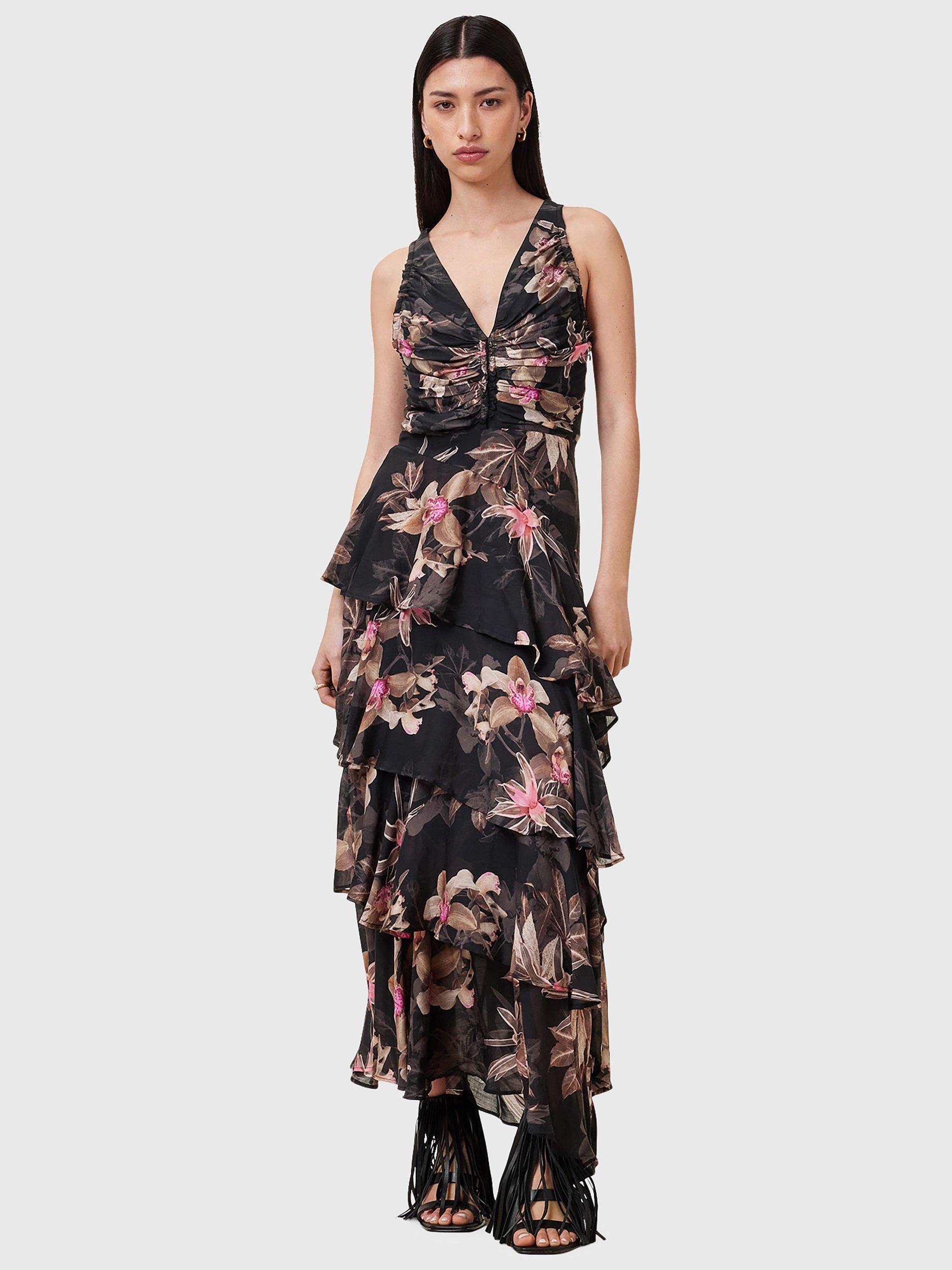 Product image 1 of 8, which shows AllSaints Cali Floral Print Layered Maxi Dress, Black/Multi, 6