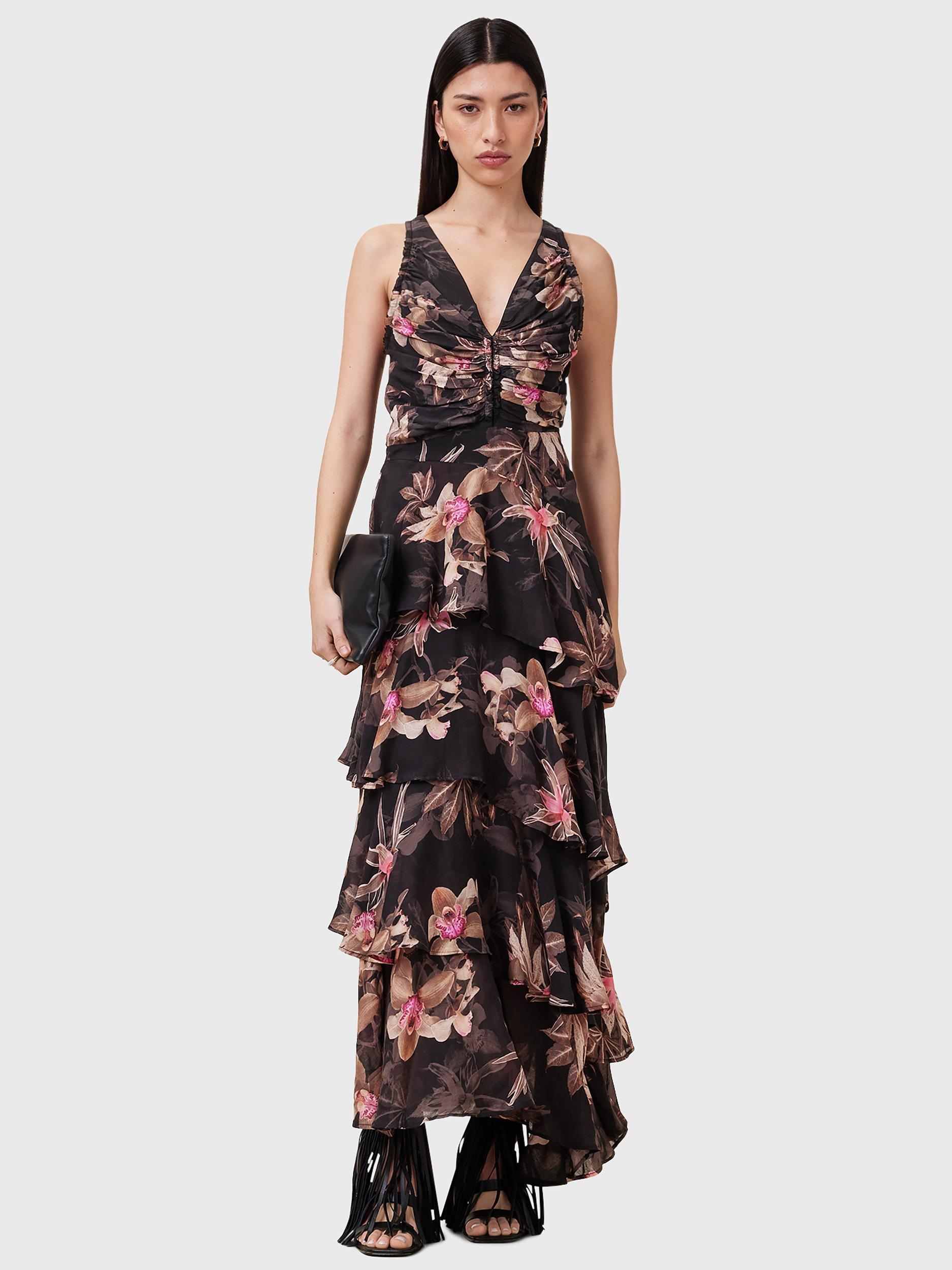Product image 8 of 8, which shows AllSaints Cali Floral Print Layered Maxi Dress, Black/Multi, 6