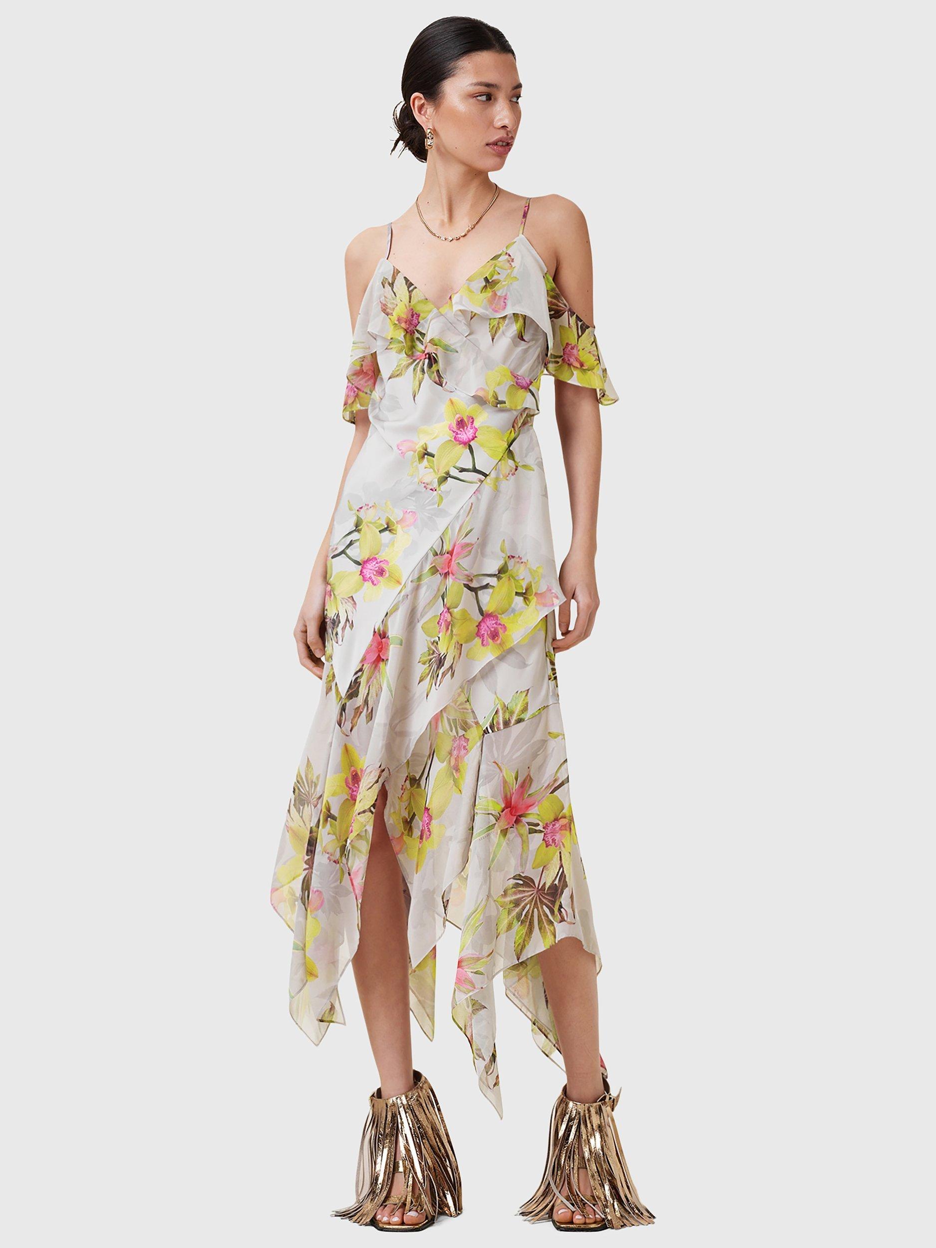Product image 1 of 5, which shows AllSaints Grace Ruffle Floral Dress, Pink/Multi, 10