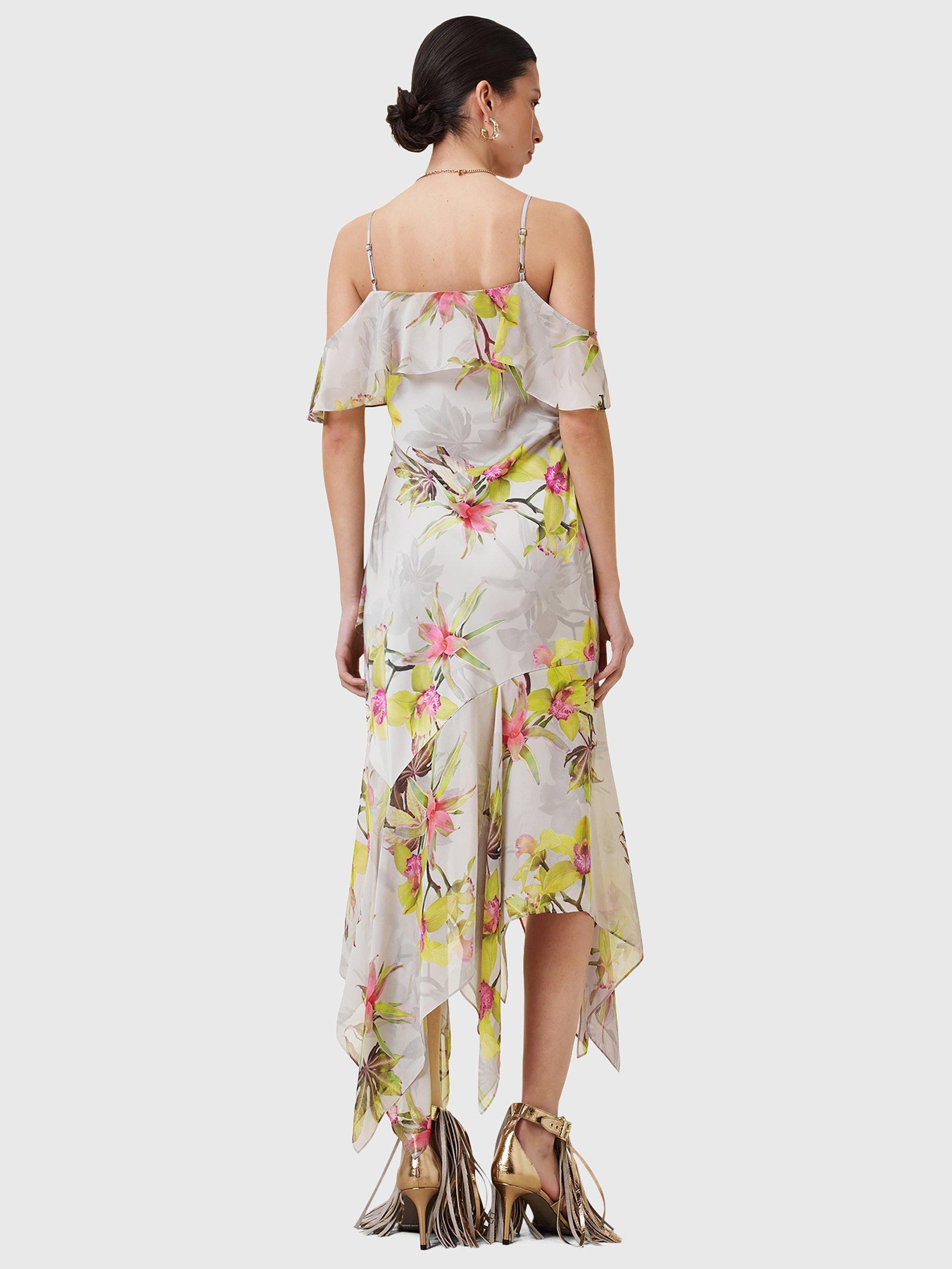 Product image 2 of 5, which shows AllSaints Grace Ruffle Floral Dress, Pink/Multi, 10