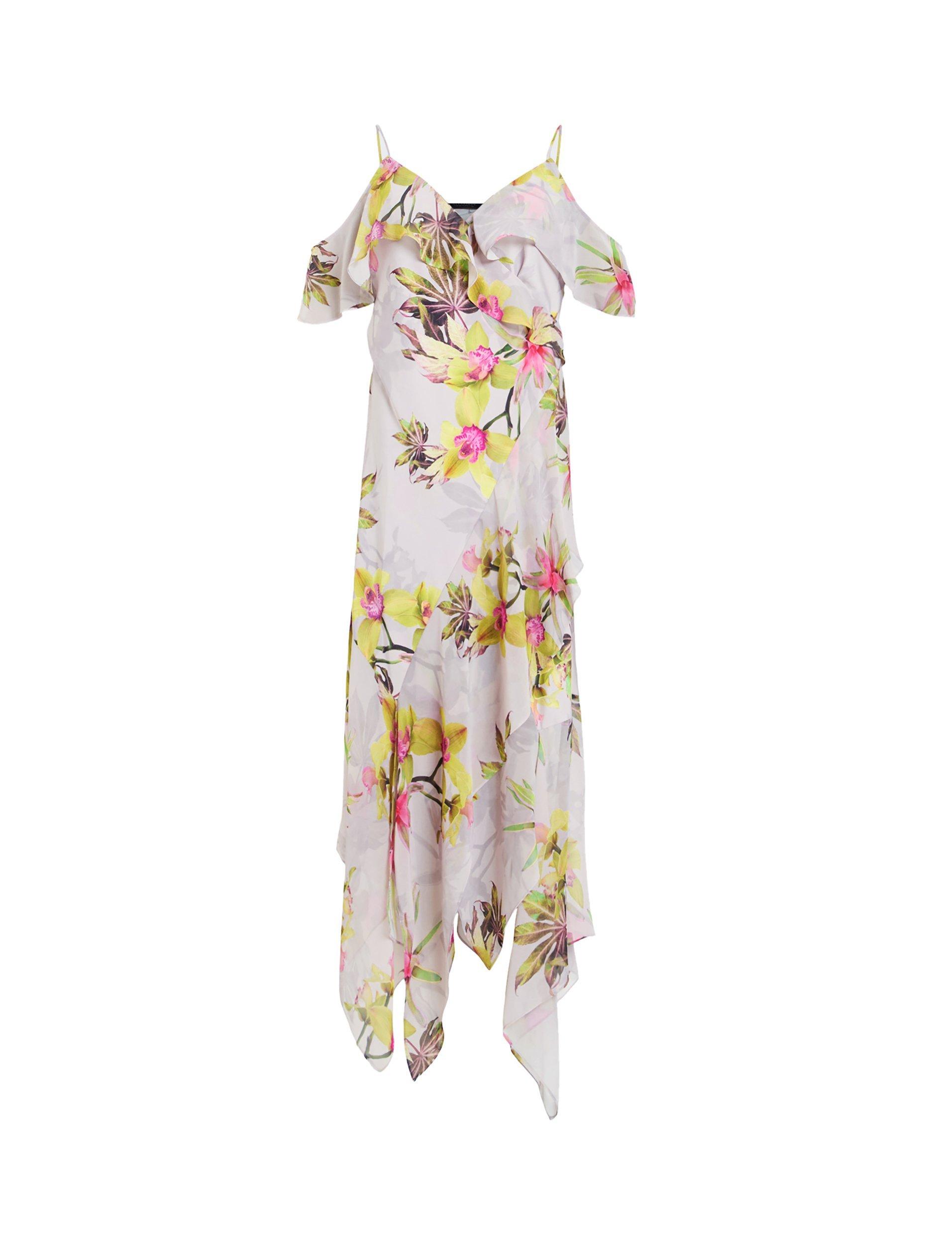 Product image 4 of 5, which shows AllSaints Grace Ruffle Floral Dress, Pink/Multi, 10