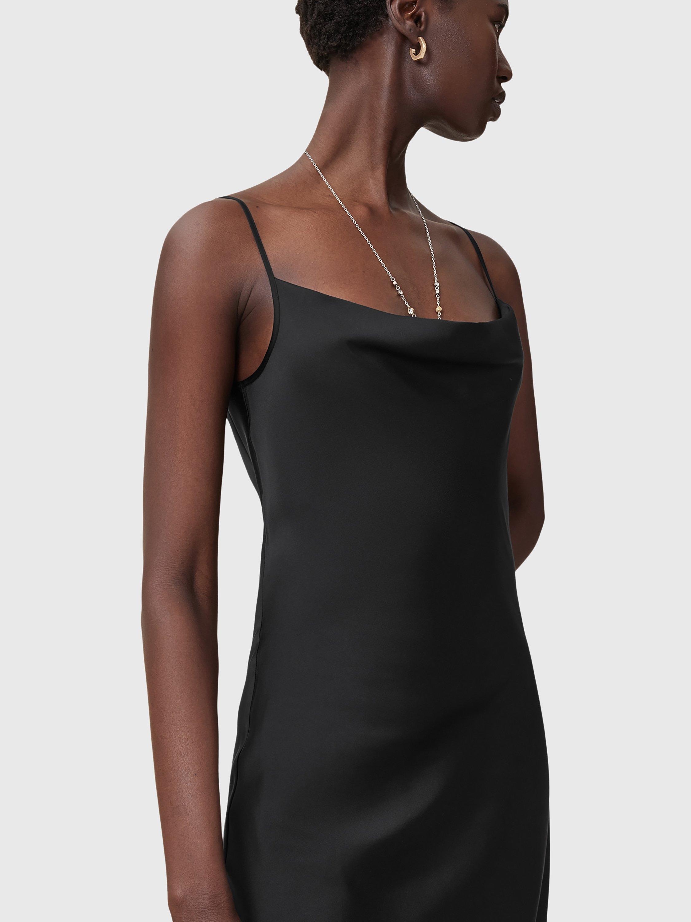 Product image 1 of 6, which shows AllSaints Hadley Satin Slip Dress, Black, 10