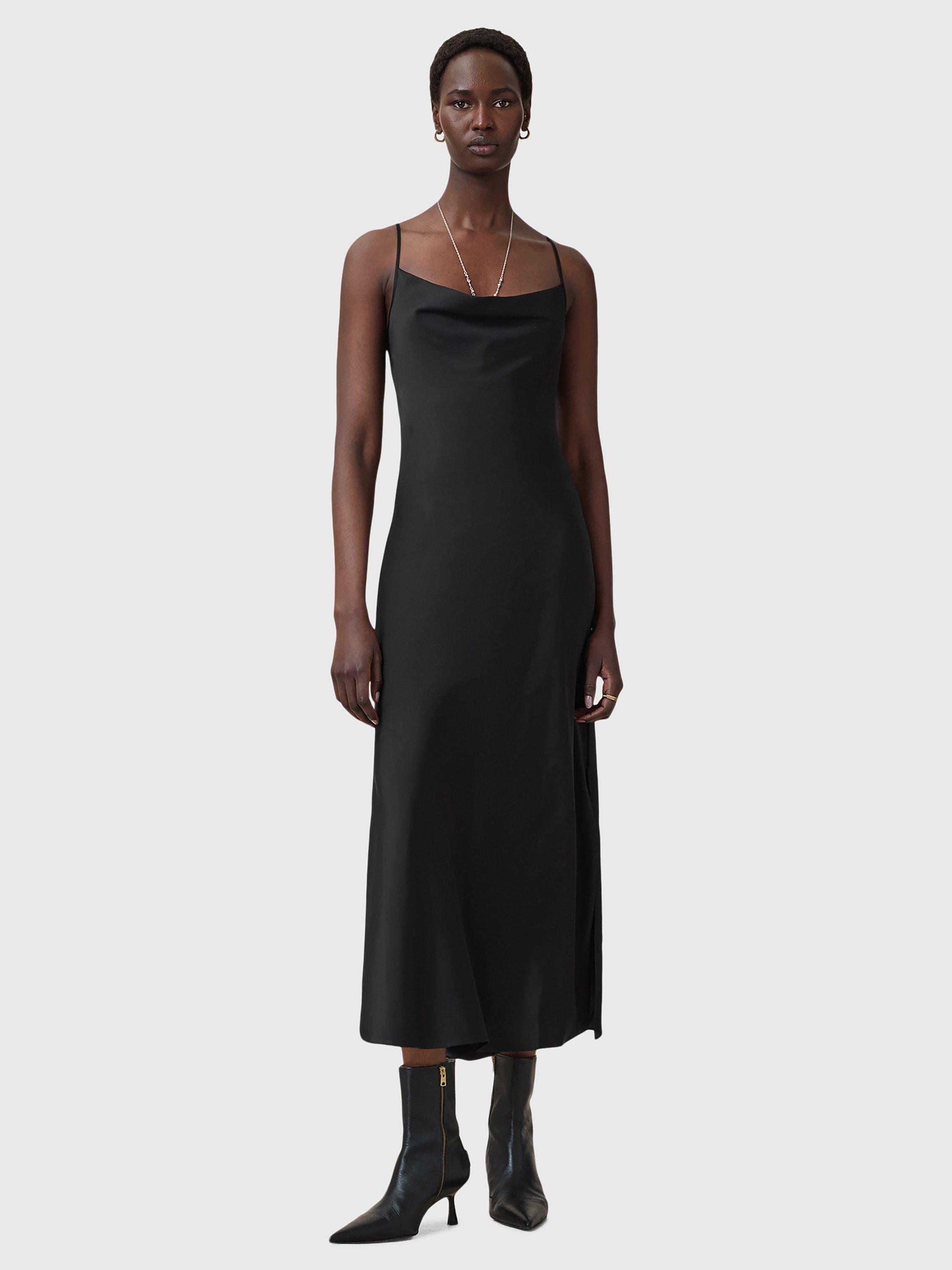 Product image 3 of 6, which shows AllSaints Hadley Satin Slip Dress, Black, 10