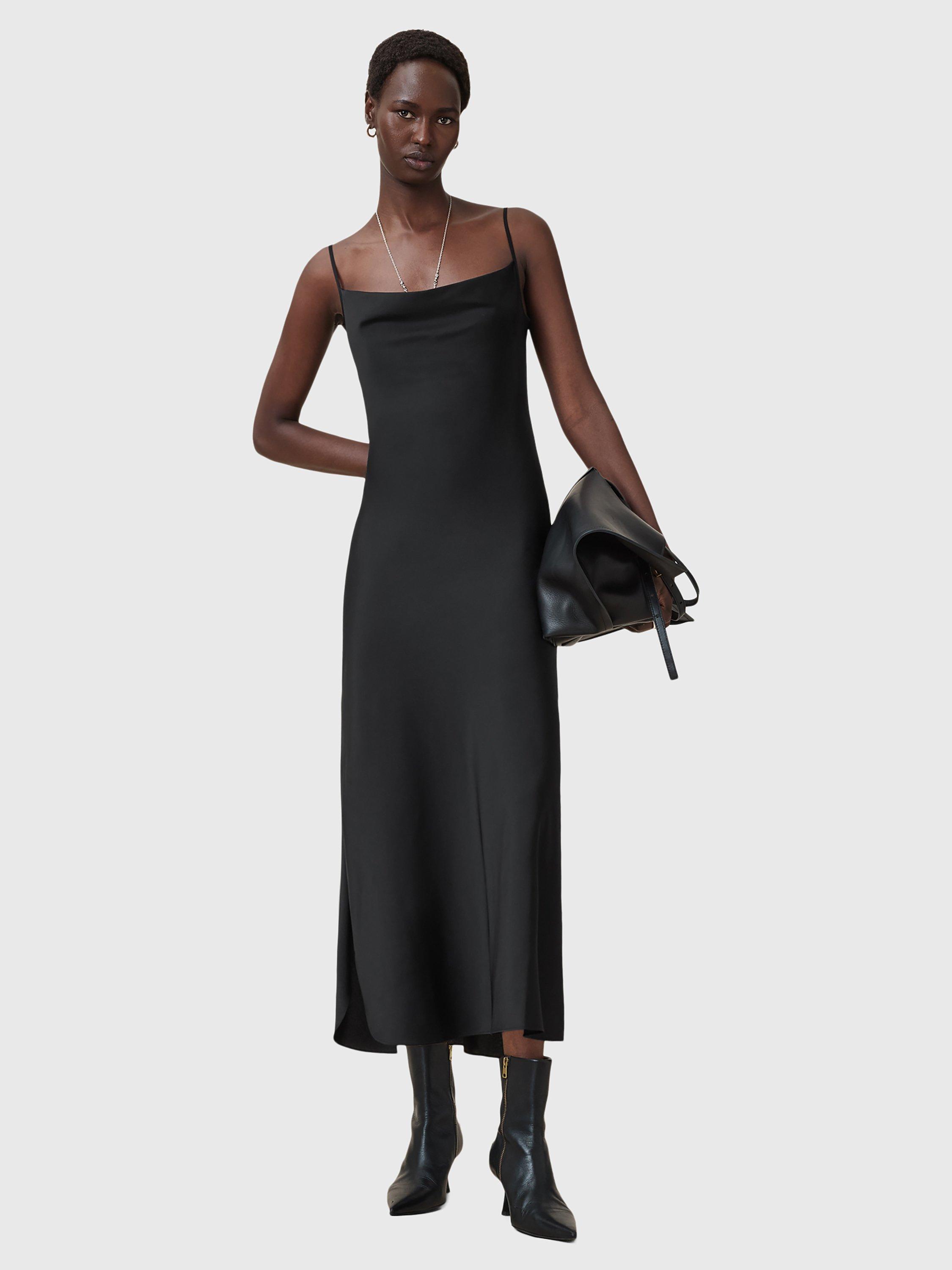 Product image 6 of 6, which shows AllSaints Hadley Satin Slip Dress, Black, 10
