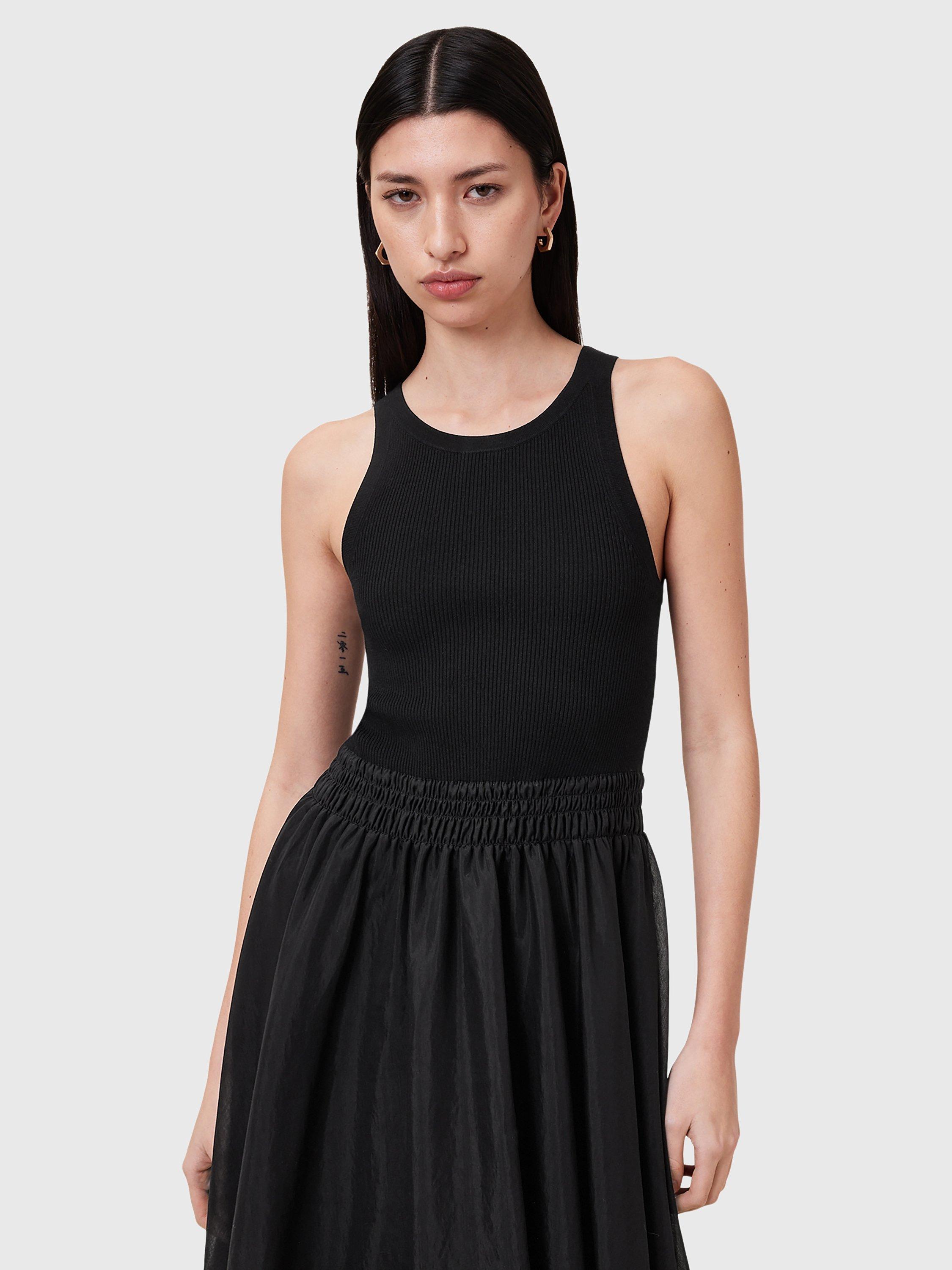 Product image 1 of 6, which shows AllSaints Zenia Sleeveless Midi Dress, Black, XS