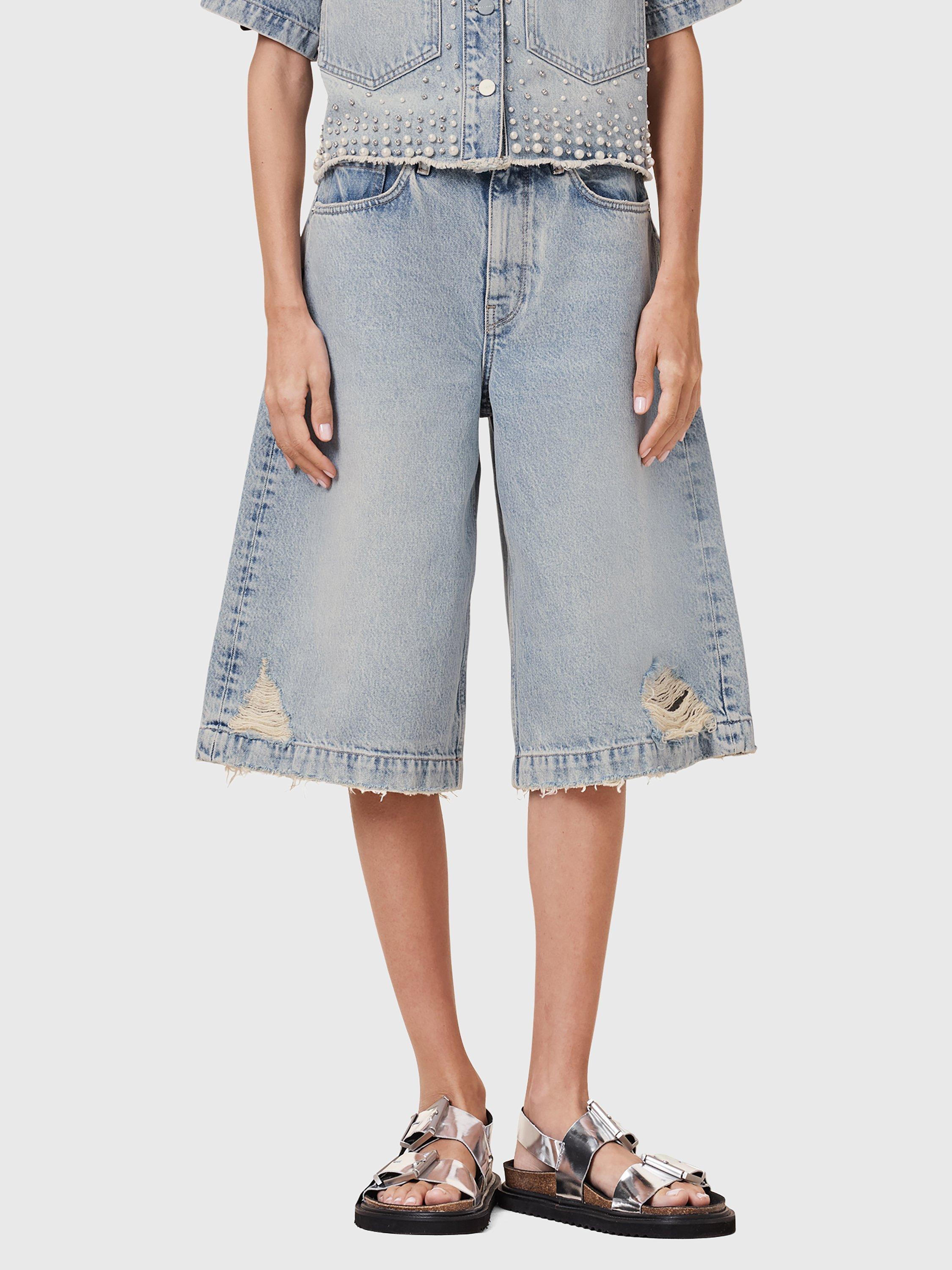 Product image 1 of 8, which shows AllSaints Louie Long Denim Shorts, Light Indigo, 25