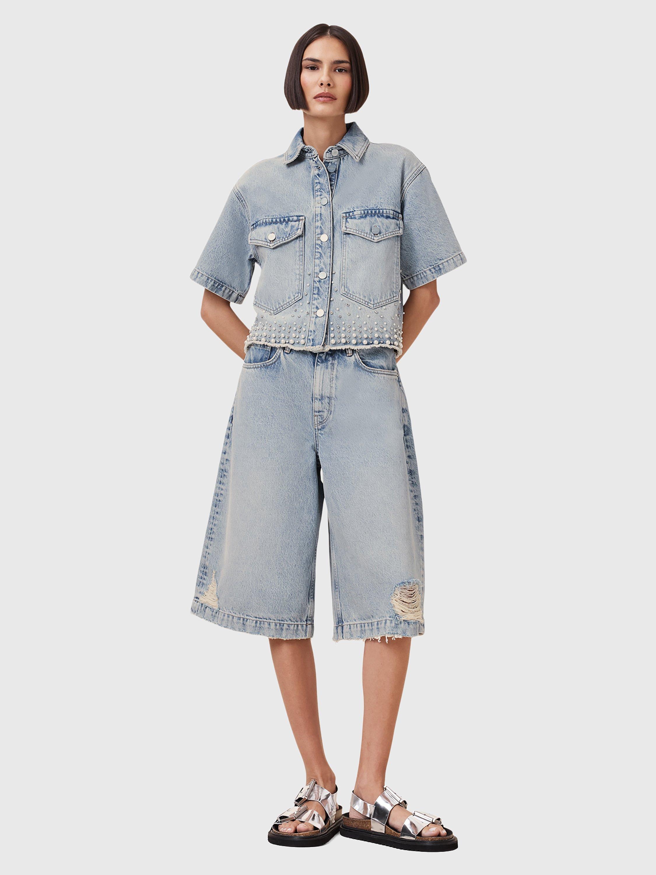 Product image 3 of 8, which shows AllSaints Louie Long Denim Shorts, Light Indigo, 25