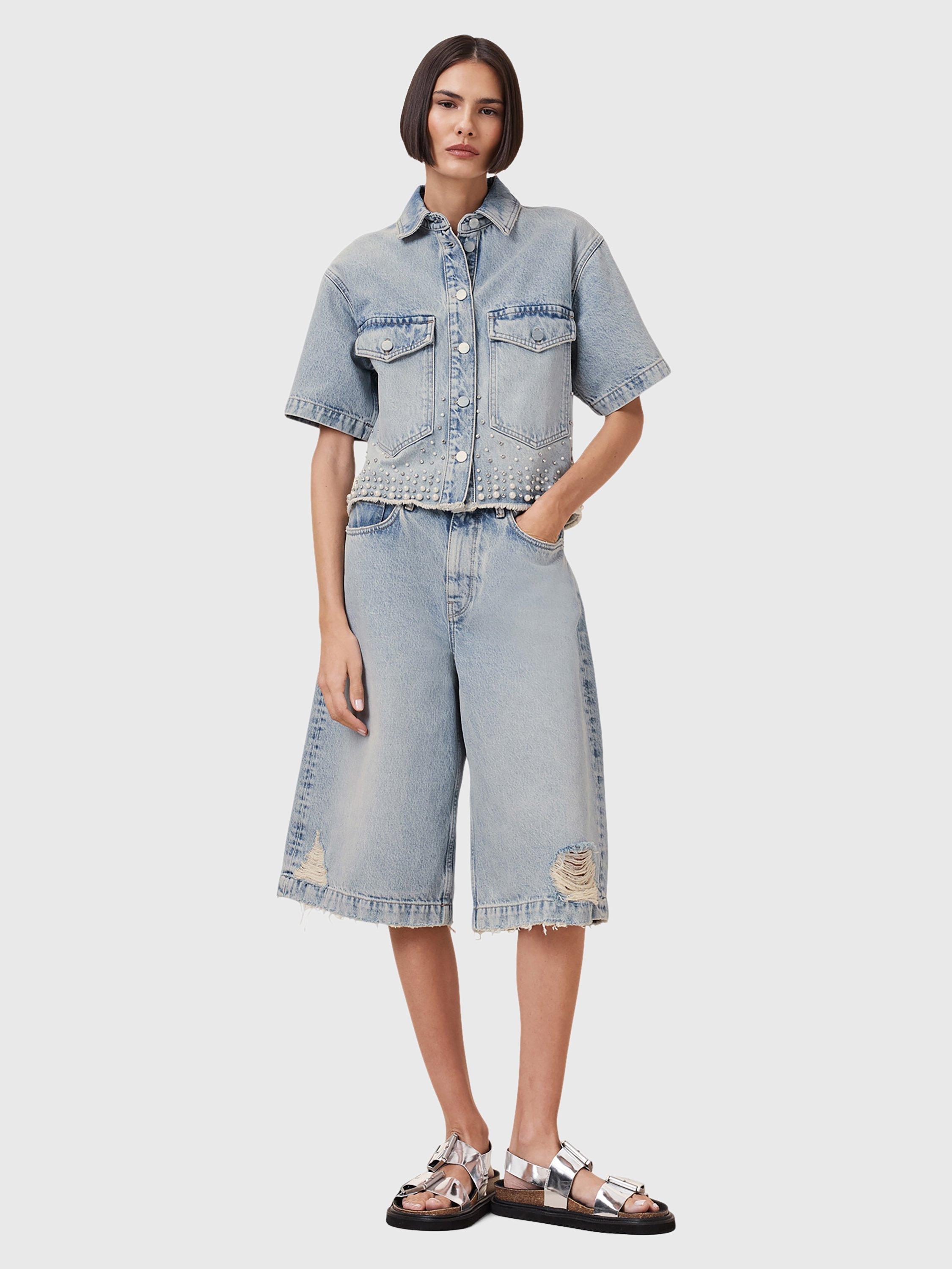 Product image 6 of 8, which shows AllSaints Louie Long Denim Shorts, Light Indigo, 25