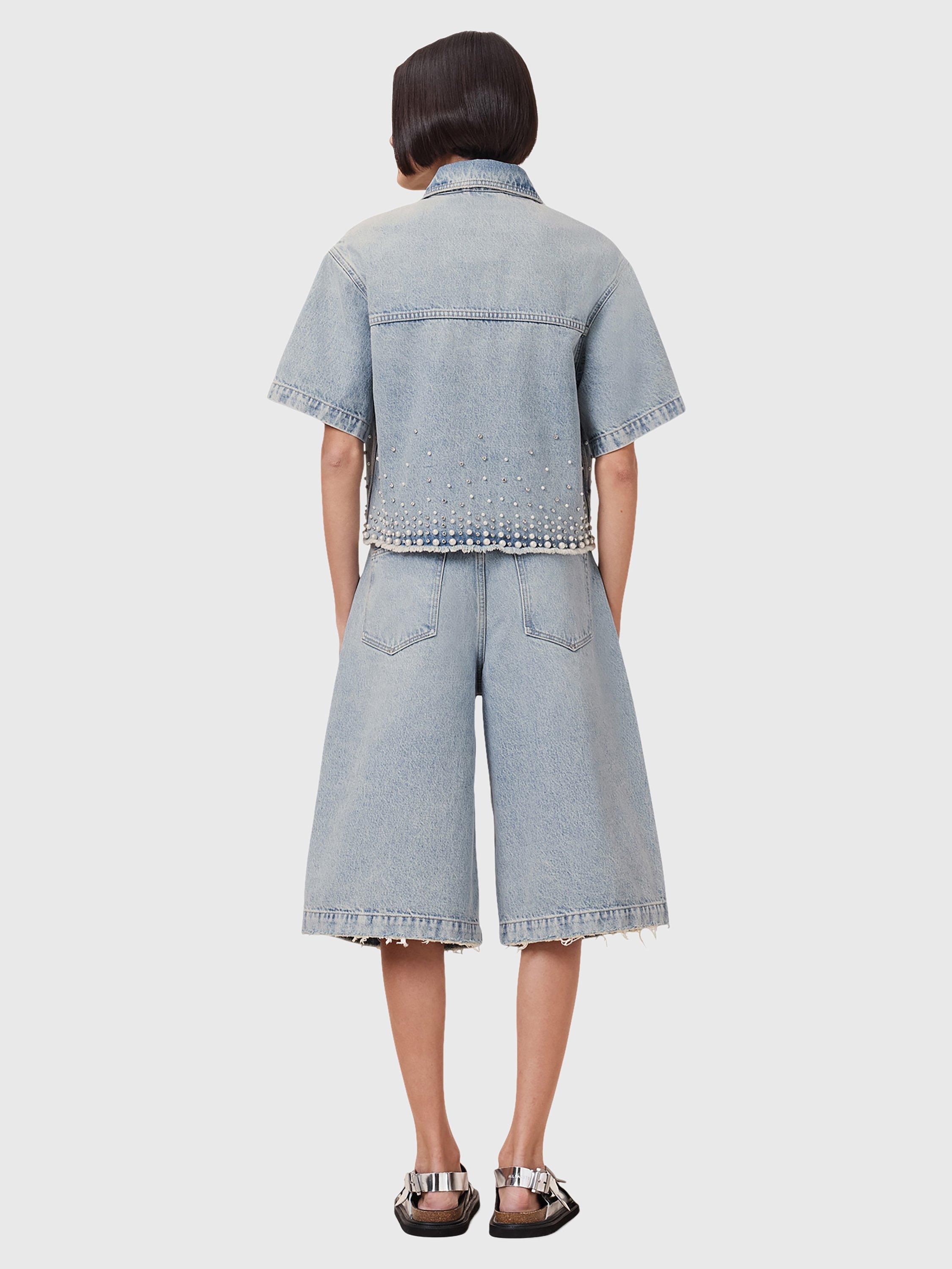 Product image 8 of 8, which shows AllSaints Louie Long Denim Shorts, Light Indigo, 25
