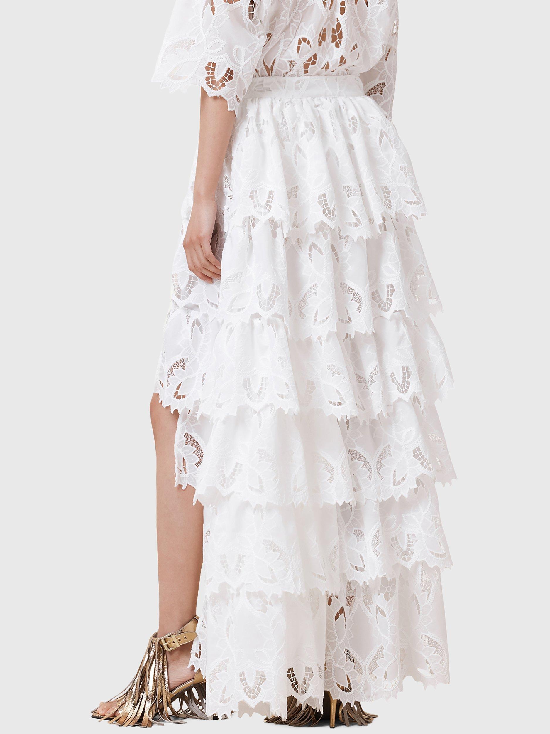 Product image 2 of 7, which shows AllSaints Cavarly Embroidered High-Low Maxi Skirt, Snow White, 12