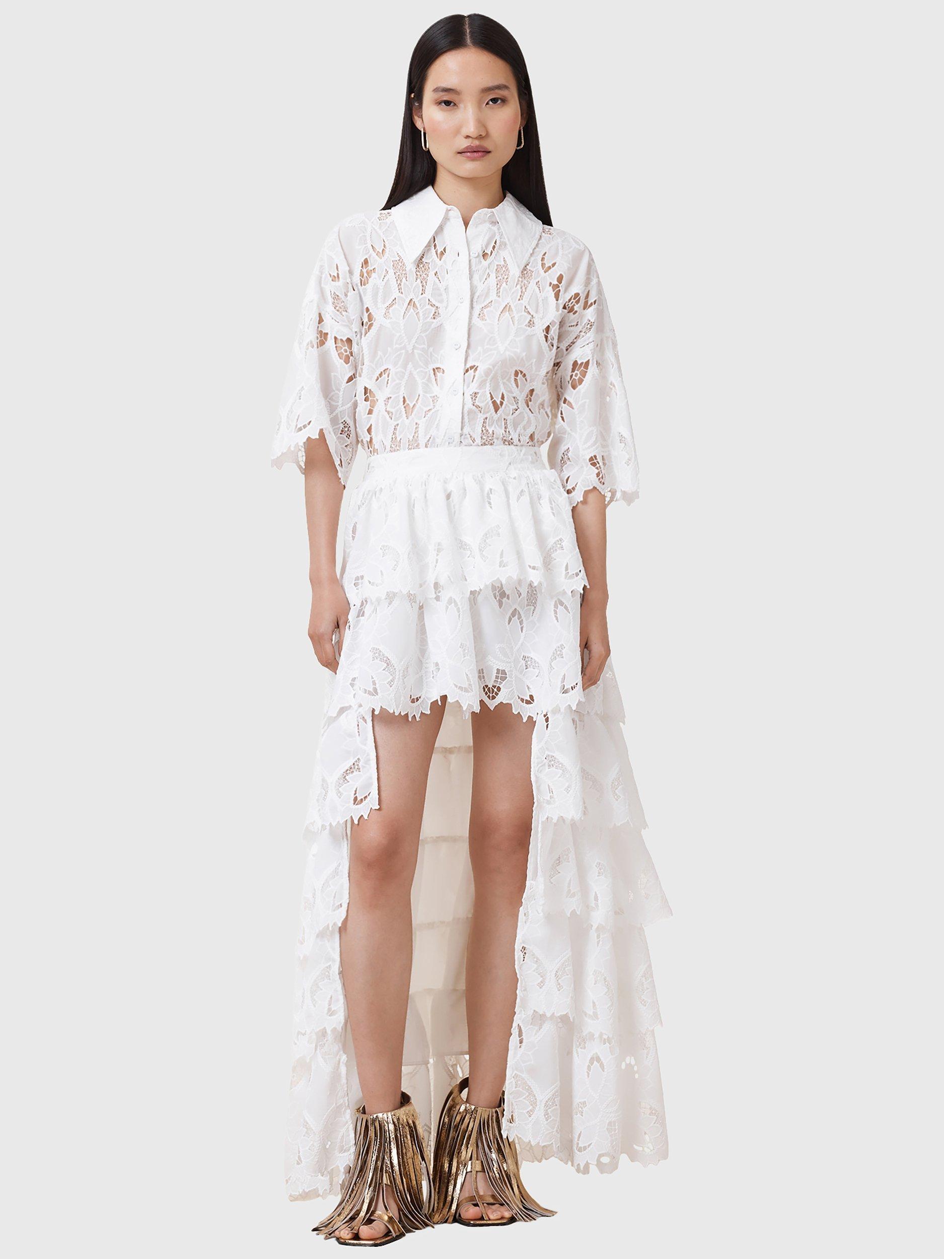 Product image 4 of 7, which shows AllSaints Cavarly Embroidered High-Low Maxi Skirt, Snow White, 12