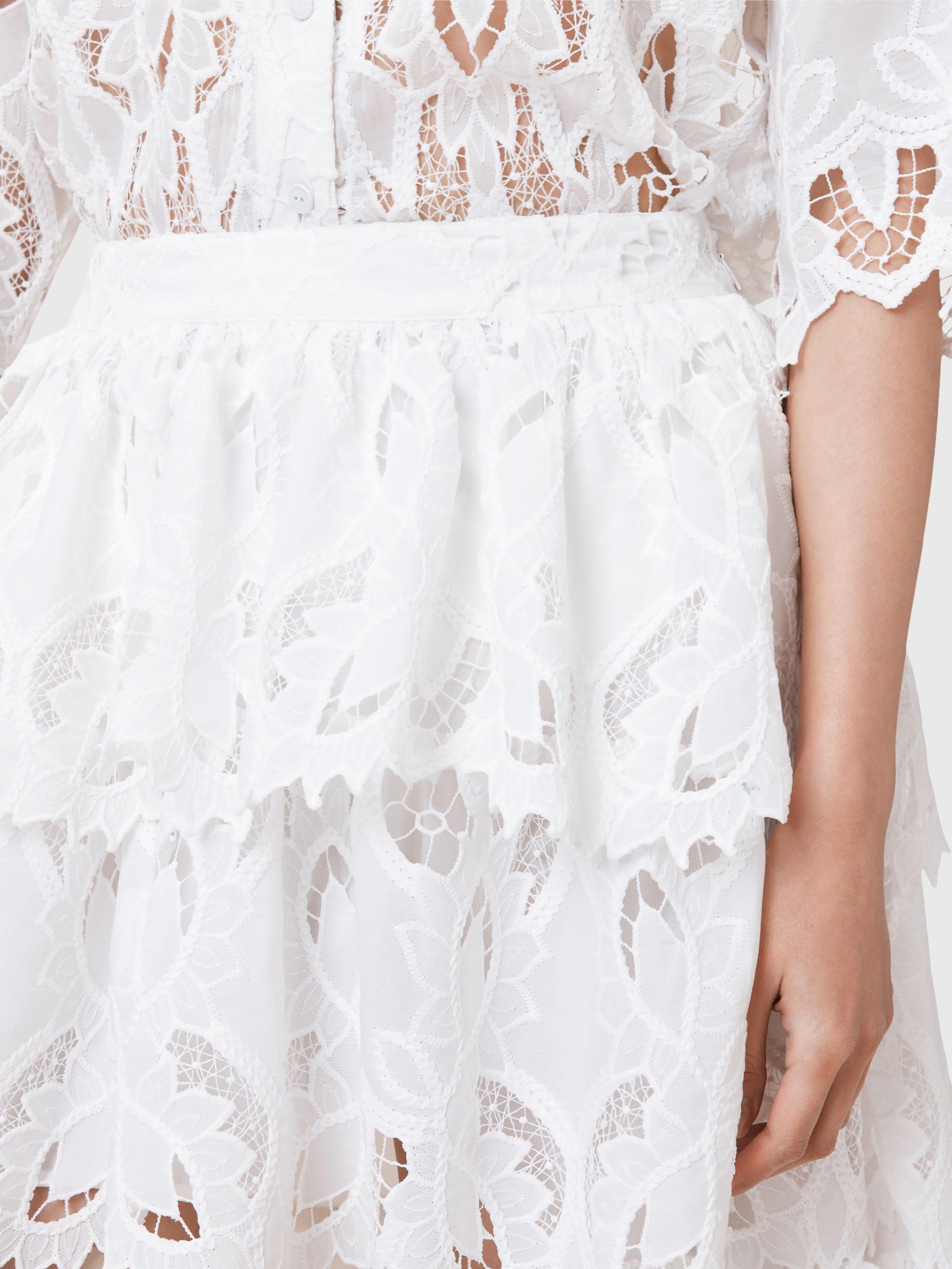 Product image 6 of 7, which shows AllSaints Cavarly Embroidered High-Low Maxi Skirt, Snow White, 12