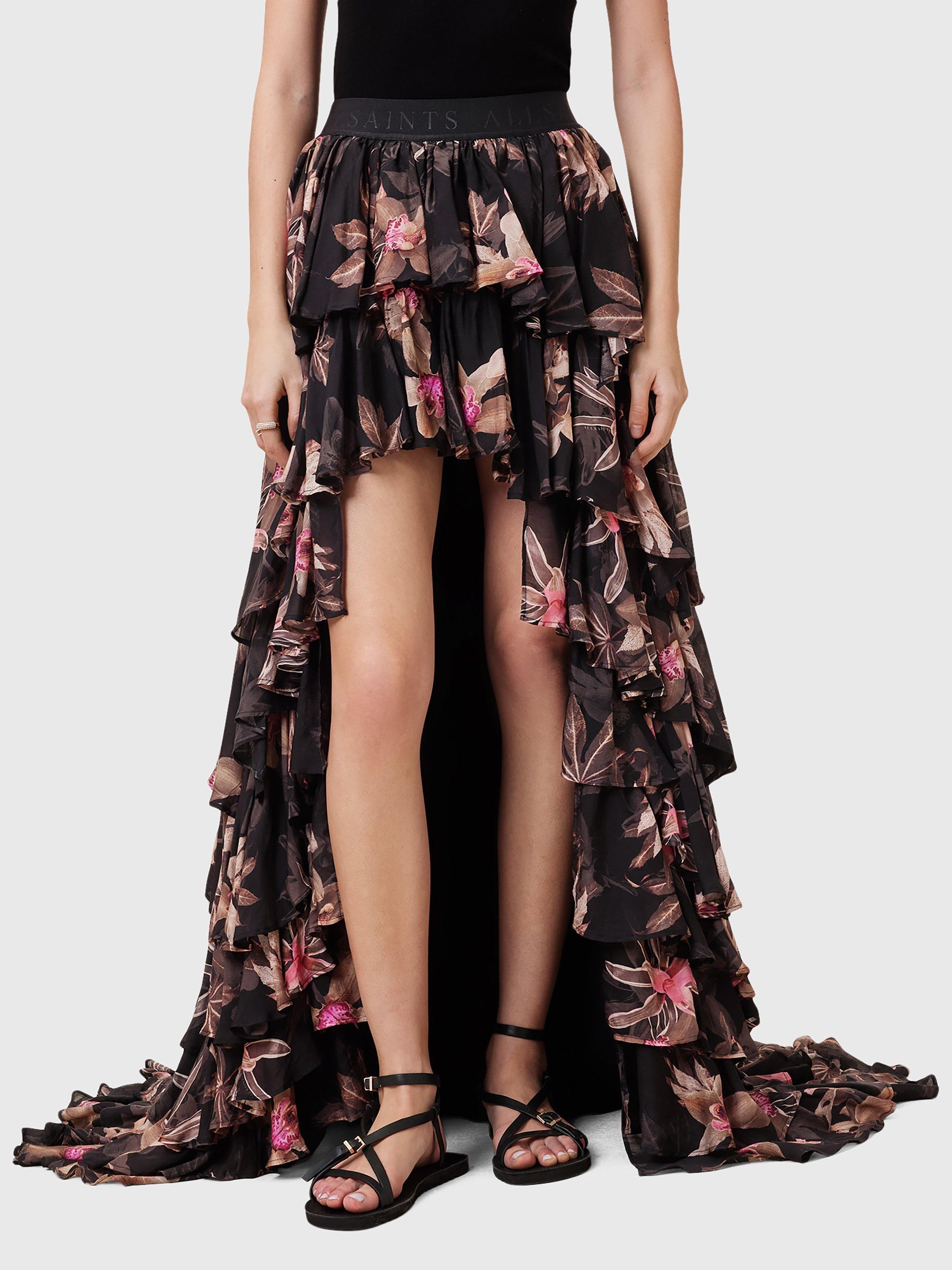 Product image 1 of 8, which shows AllSaints Cavarly Floral Ruffle Maxi Skirt, Black/Multi, 8